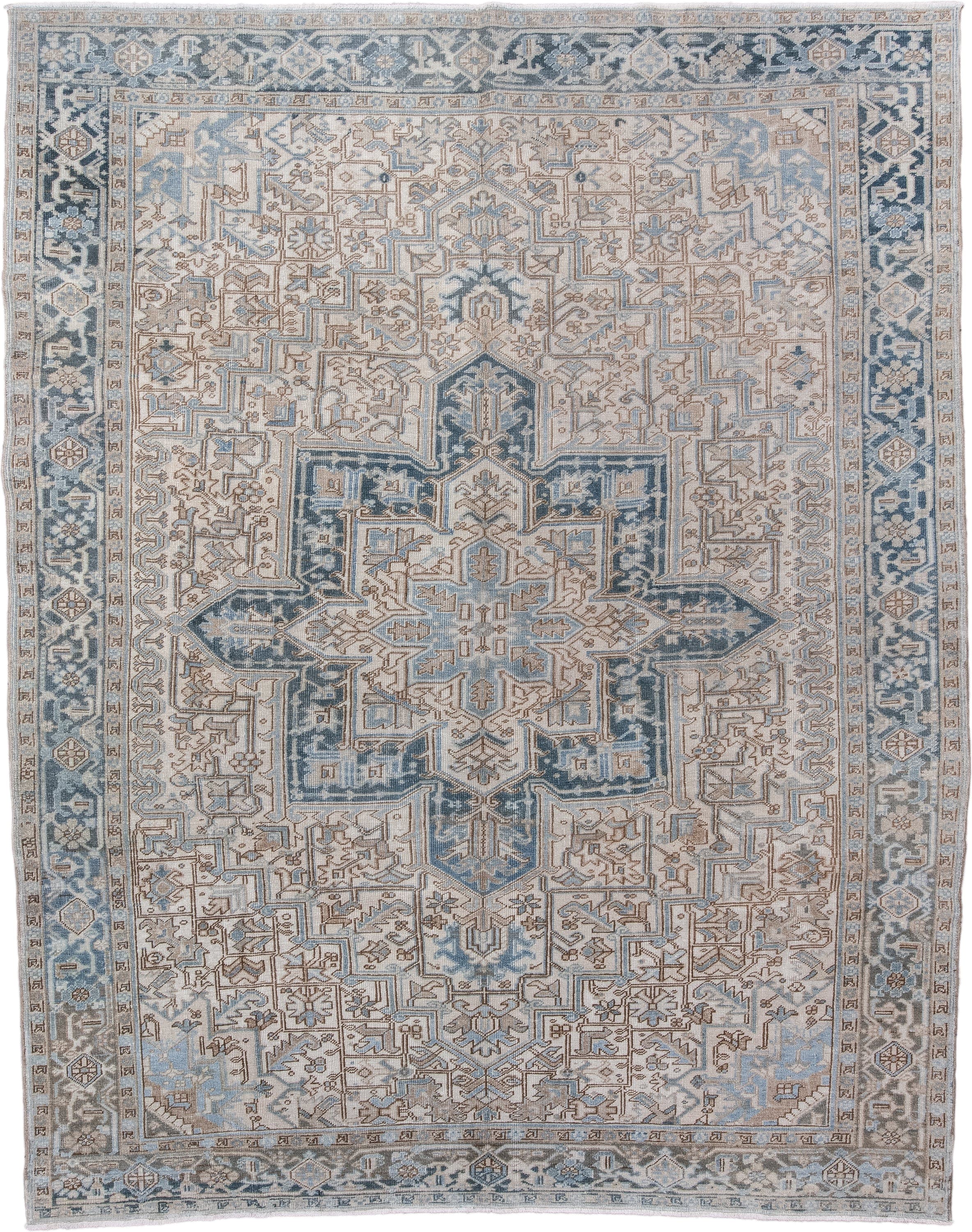 8' x 11' one-of-a-kind handmade antique Heriz large size rug. Color palette: ivory, light blue, slate, taupe, beige