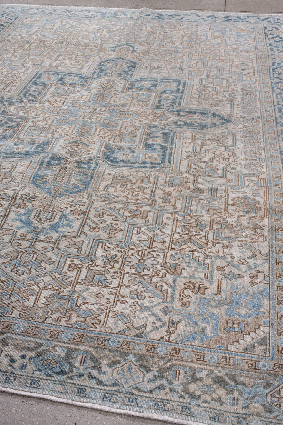 8' x 11' one-of-a-kind handmade antique Heriz large size rug. Color palette: ivory, light blue, slate, taupe, beige