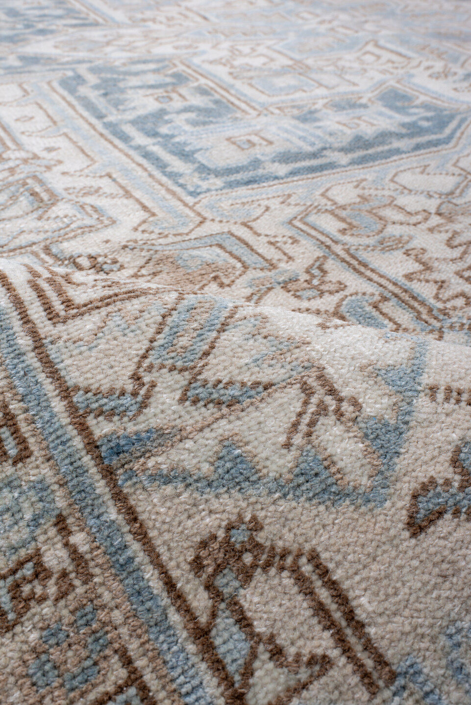 8' x 11' one-of-a-kind handmade antique Heriz large size rug. Color palette: ivory, light blue, slate, taupe, beige