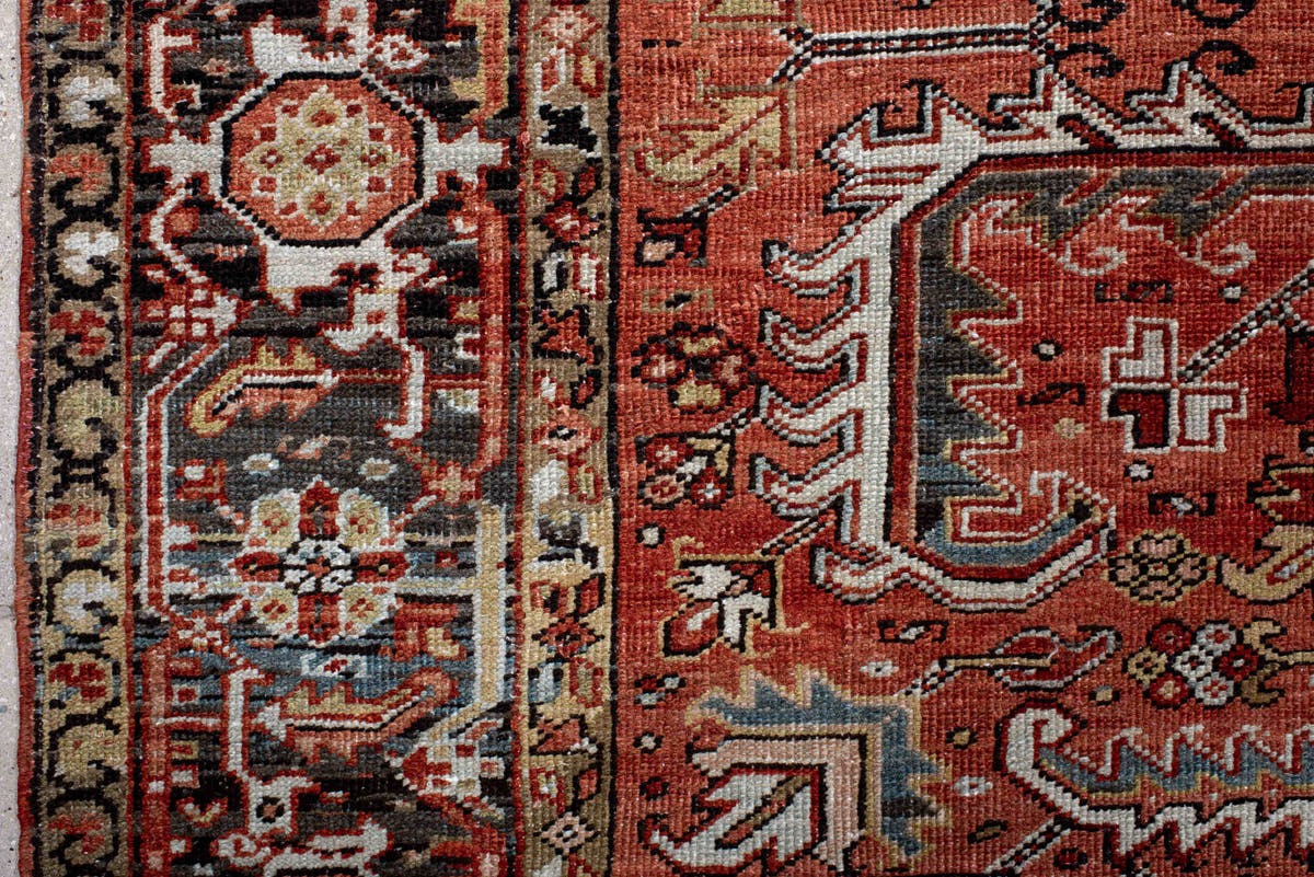 6' x 9' one-of-a-kind handmade antique Heriz rug. Color palette: terra cotta, rust, sky blue, ivory, charcoal, camel