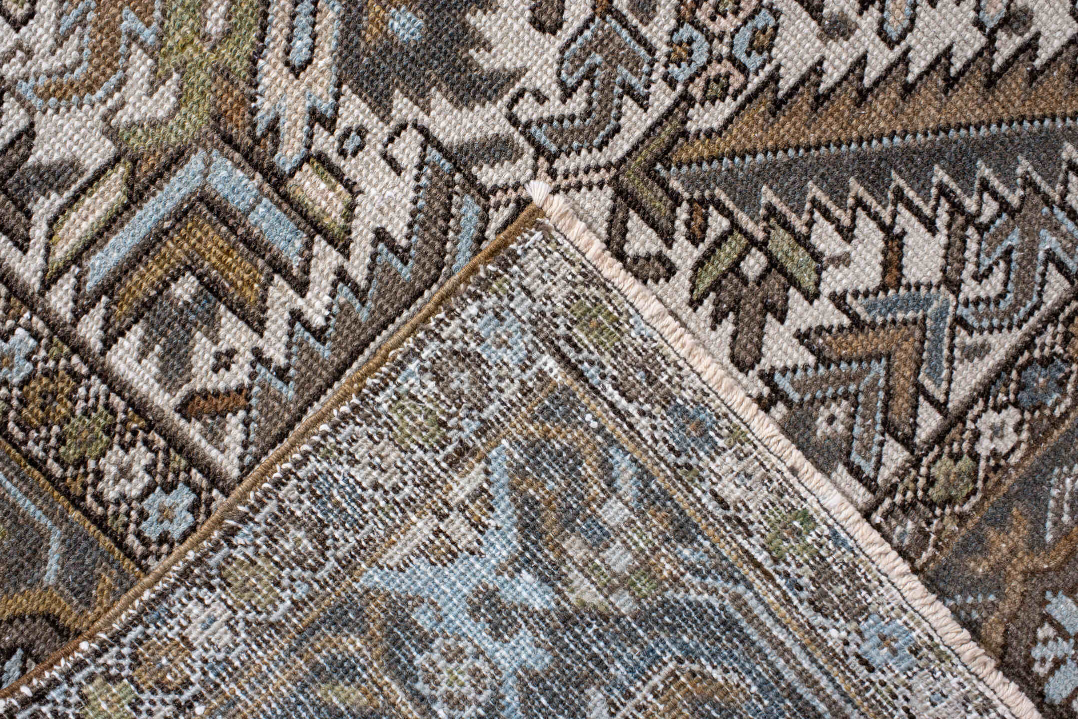 7' x 10' one-of-a-kind handmade vintage Heriz large size rug. Color palette: black, brown, charcoal, dark gray, dim gray