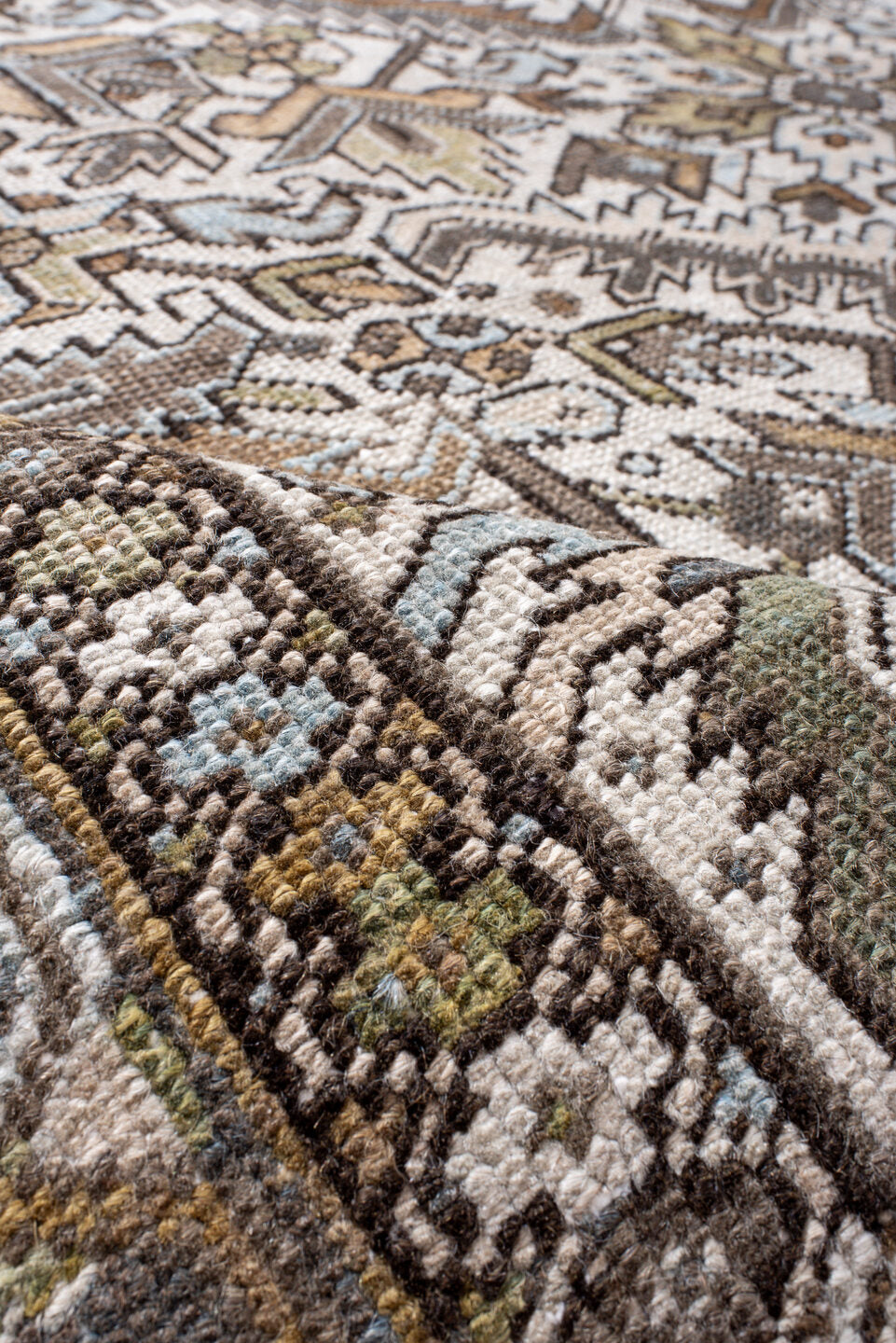 7' x 10' one-of-a-kind handmade vintage Heriz large size rug. Color palette: black, brown, charcoal, dark gray, dim gray