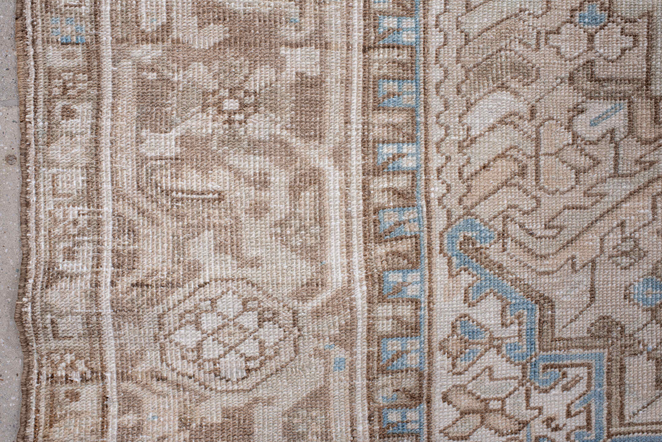 7' x 11' one-of-a-kind handmade antique Heriz large size rug. Color palette: taupe, ivory, powder blue, beige, camel