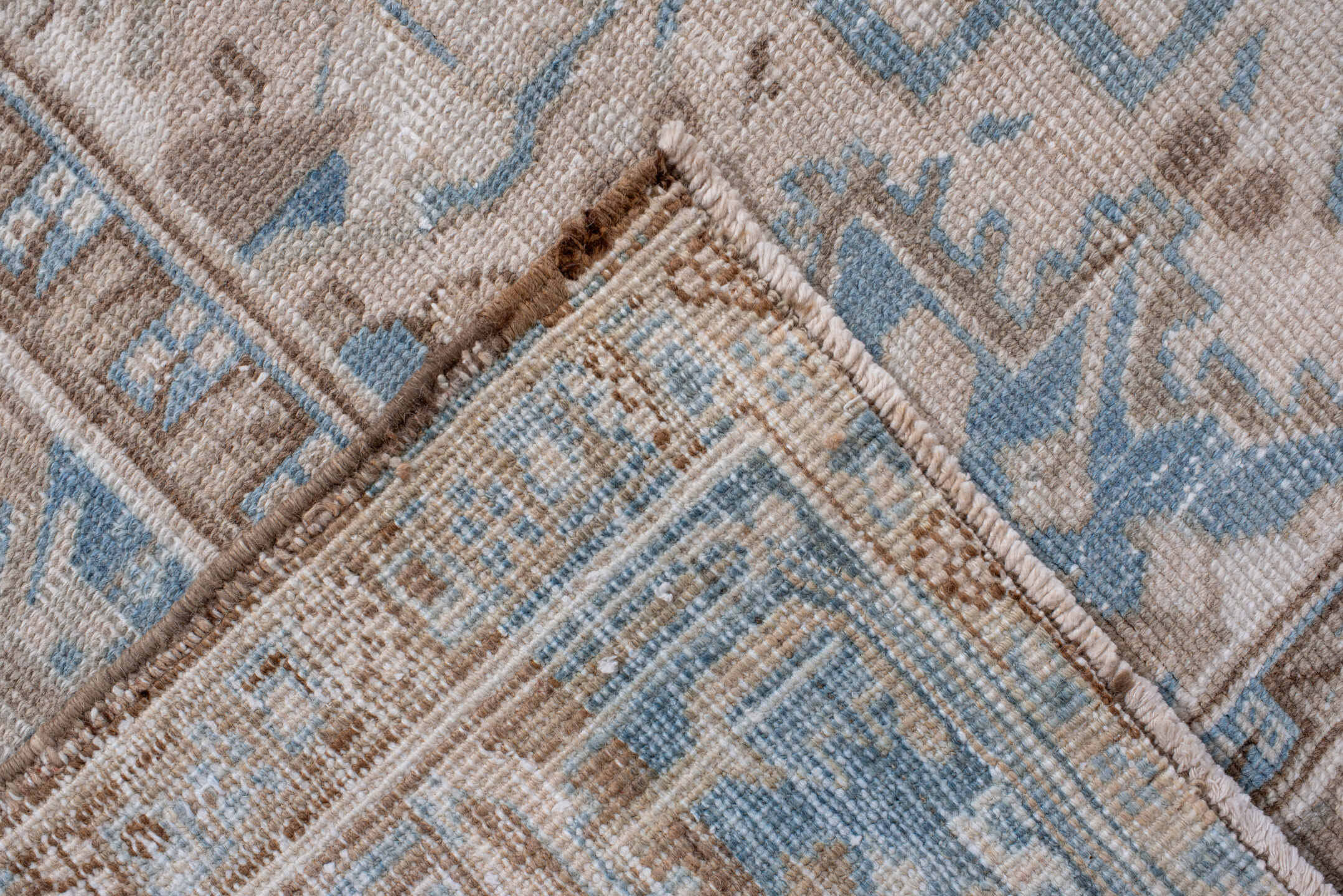7' x 11' one-of-a-kind handmade antique Heriz large size rug. Color palette: taupe, ivory, powder blue, beige, camel