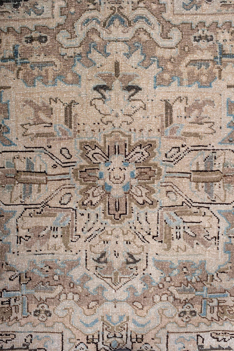 4' x 5' one-of-a-kind handmade antique Heriz small size rug. Color palette: ivory, taupe, camel, charcoal, sky blue, beige