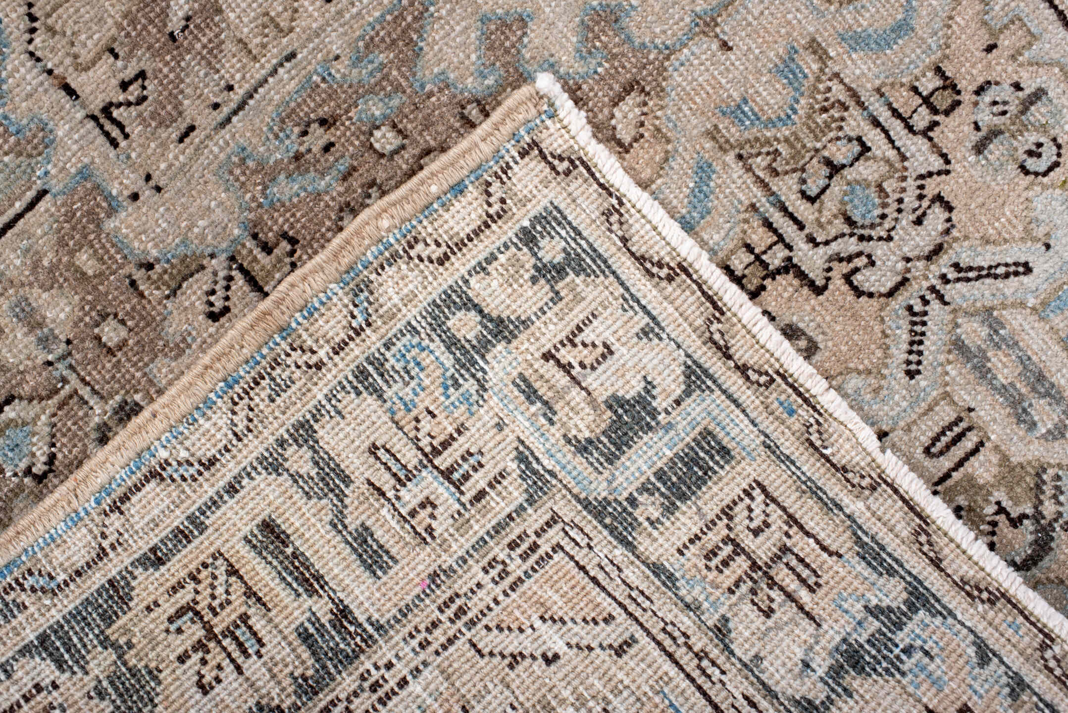 4' x 5' one-of-a-kind handmade antique Heriz small size rug. Color palette: ivory, taupe, camel, charcoal, sky blue, beige