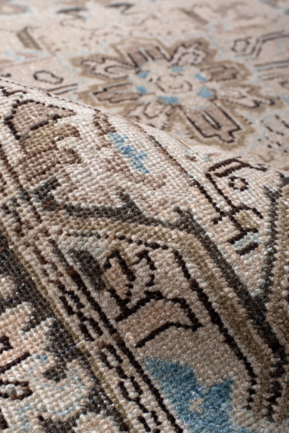 4' x 5' one-of-a-kind handmade antique Heriz small size rug. Color palette: ivory, taupe, camel, charcoal, sky blue, beige