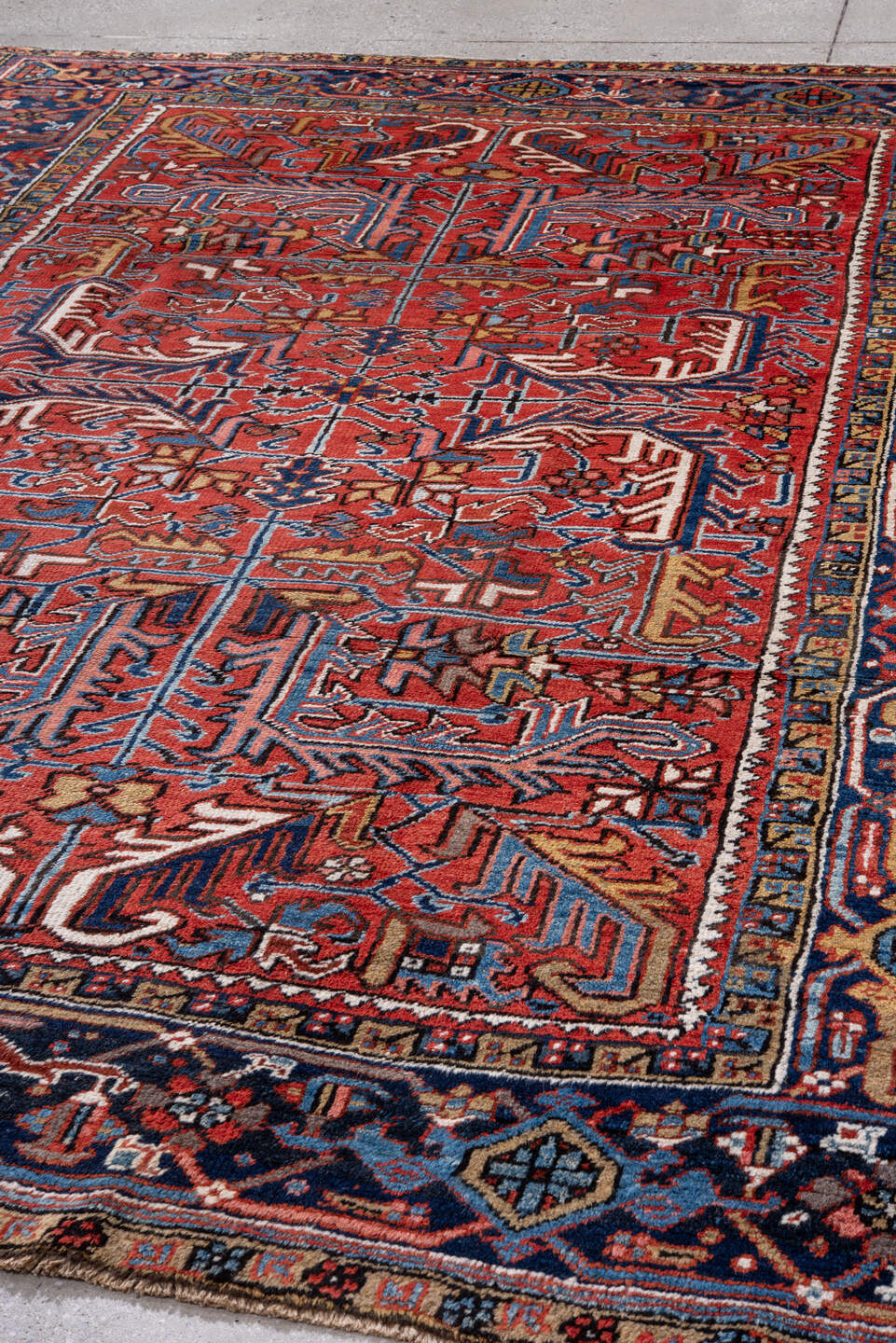 7' x 9' one-of-a-kind handmade vintage Heriz rug. Color palette: black, blue, brown, charcoal, gainsboro, gray, indian red