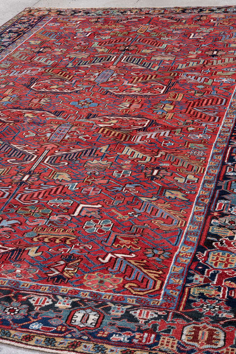 8' x 12' one-of-a-kind handmade vintage Heriz large size rug. Color palette: black, blue, brown, dark gray, gray, light blue