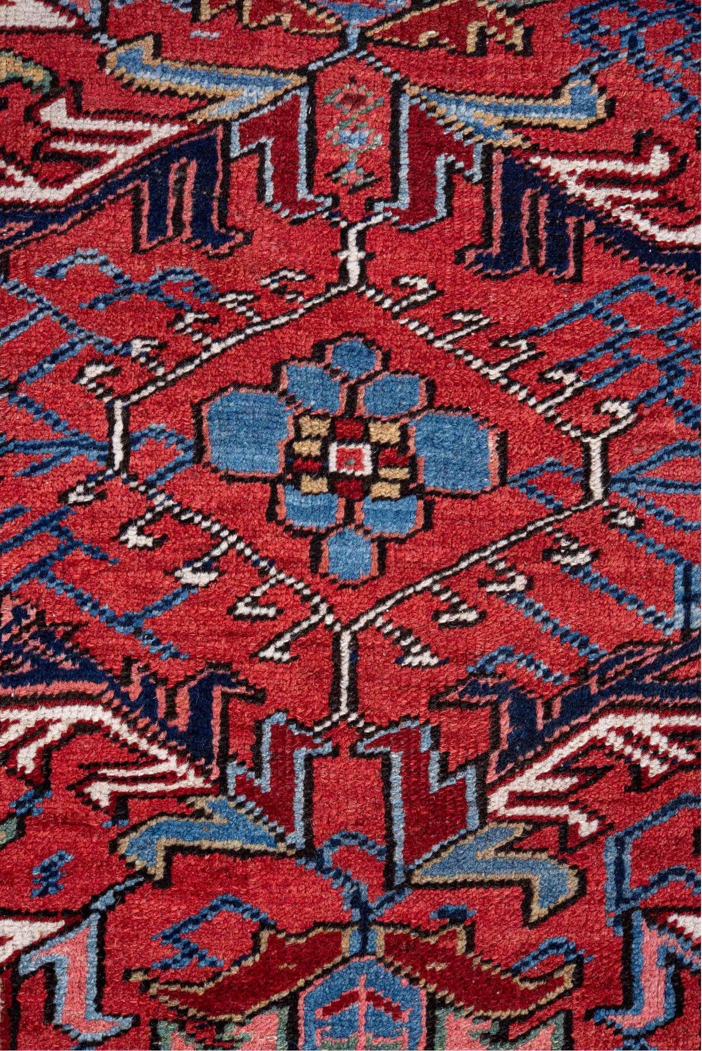 8' x 12' one-of-a-kind handmade vintage Heriz large size rug. Color palette: red, navy, sky blue, ivory, sage, camel, rust