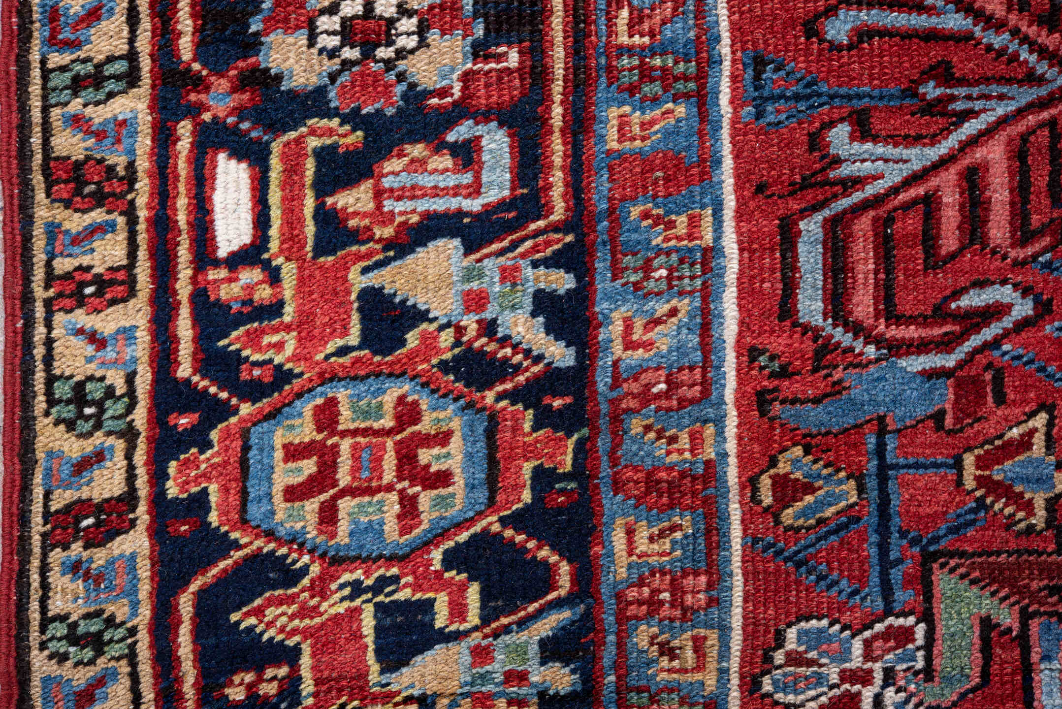 8' x 12' one-of-a-kind handmade vintage Heriz large size rug. Color palette: black, blue, brown, dark gray, gray, light blue