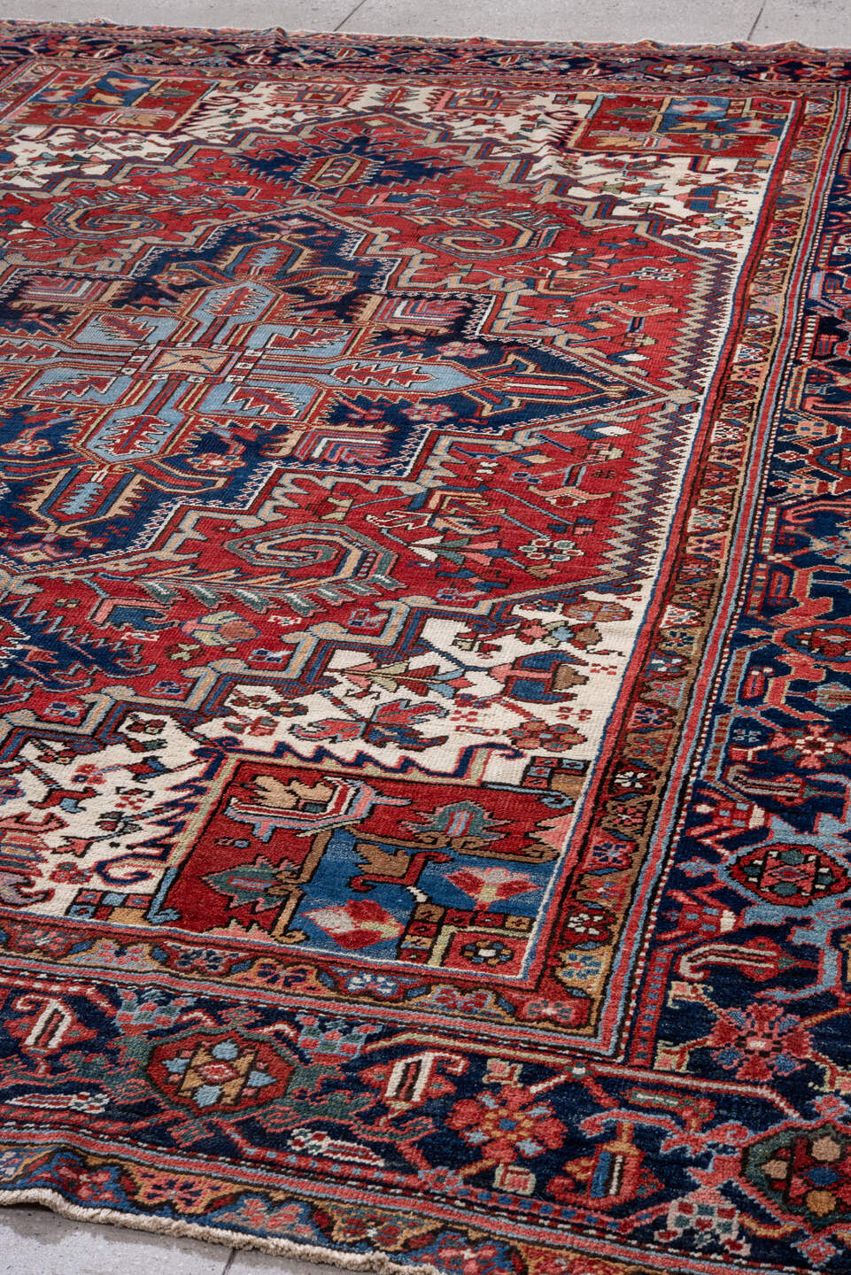 8' x 11' one-of-a-kind handmade vintage Heriz large size rug. Color palette: blue, brown, fiord, gainsboro, gray, light blue