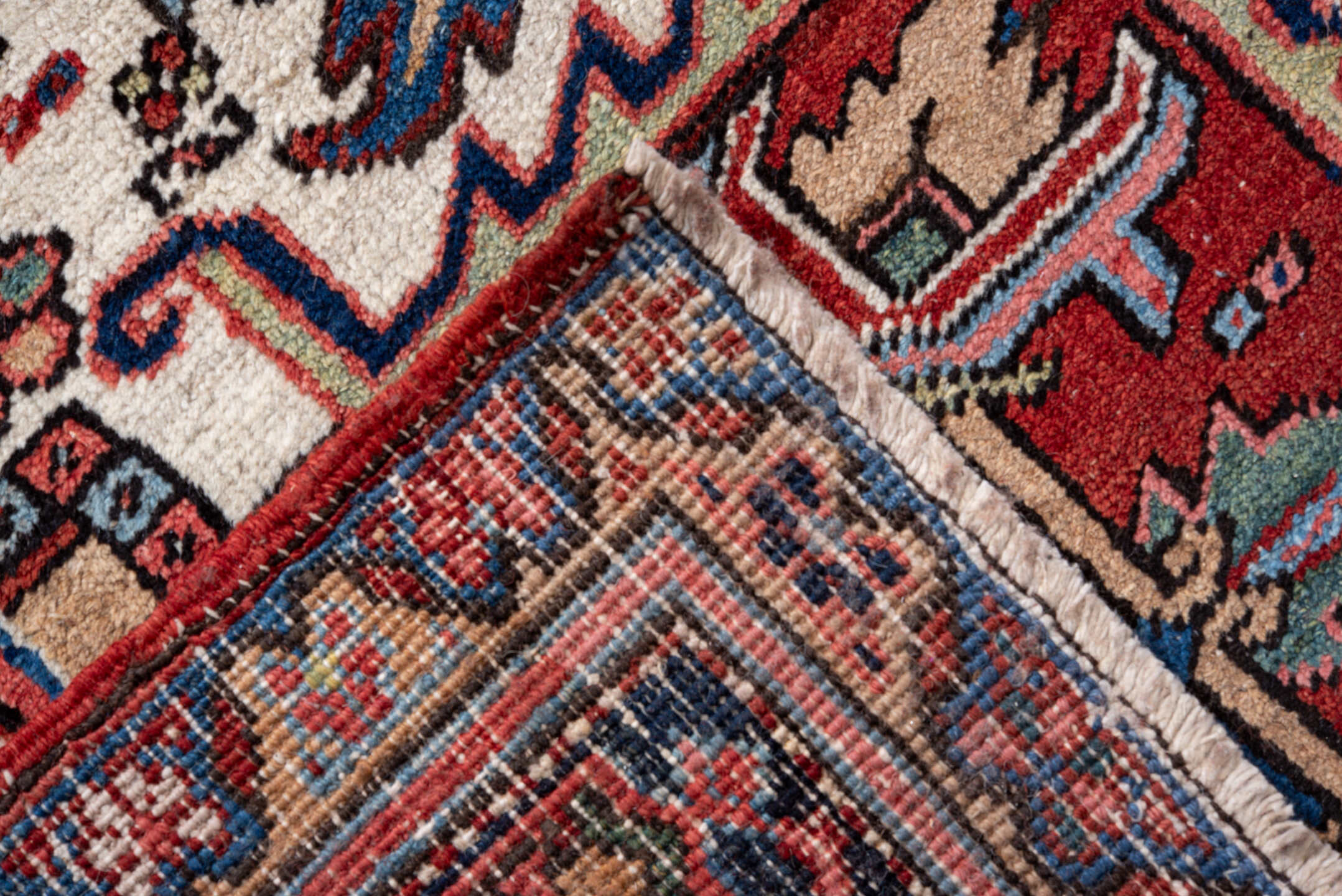 8' x 11' one-of-a-kind handmade vintage Heriz large size rug. Color palette: blue, brown, fiord, gainsboro, gray, light blue