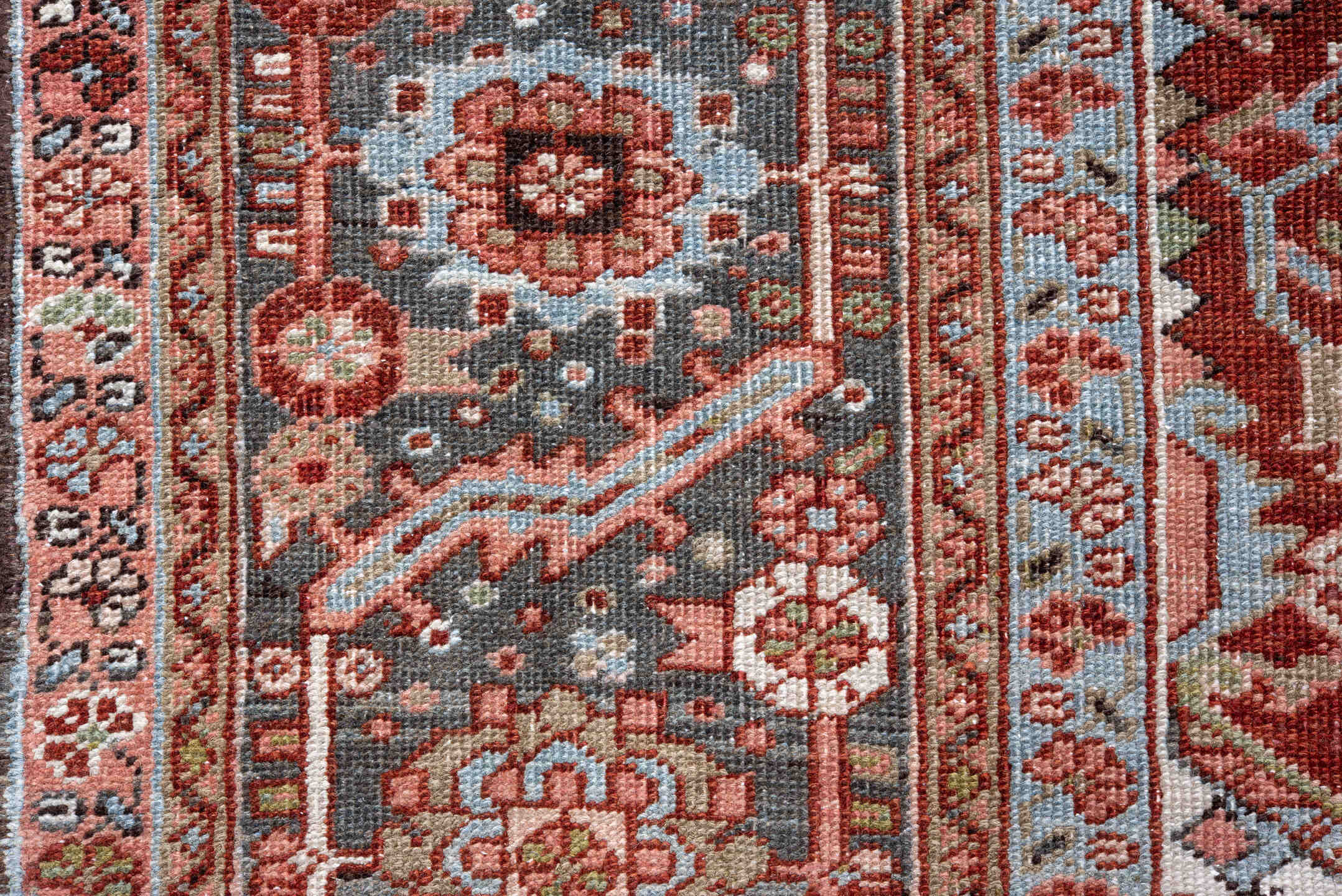 9' x 12' one-of-a-kind handmade vintage Heriz large size rug. Color palette: rust, charcoal, ivory, rose, sky blue, sage