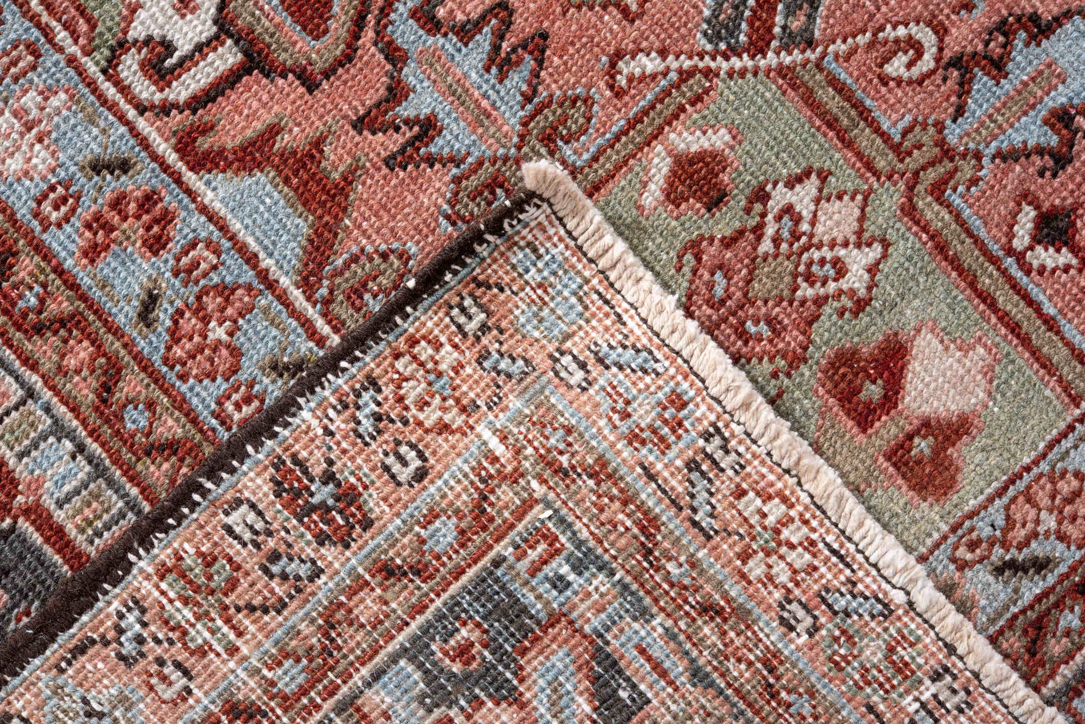 9' x 12' one-of-a-kind handmade vintage Heriz large size rug. Color palette: rust, charcoal, ivory, rose, sky blue, sage