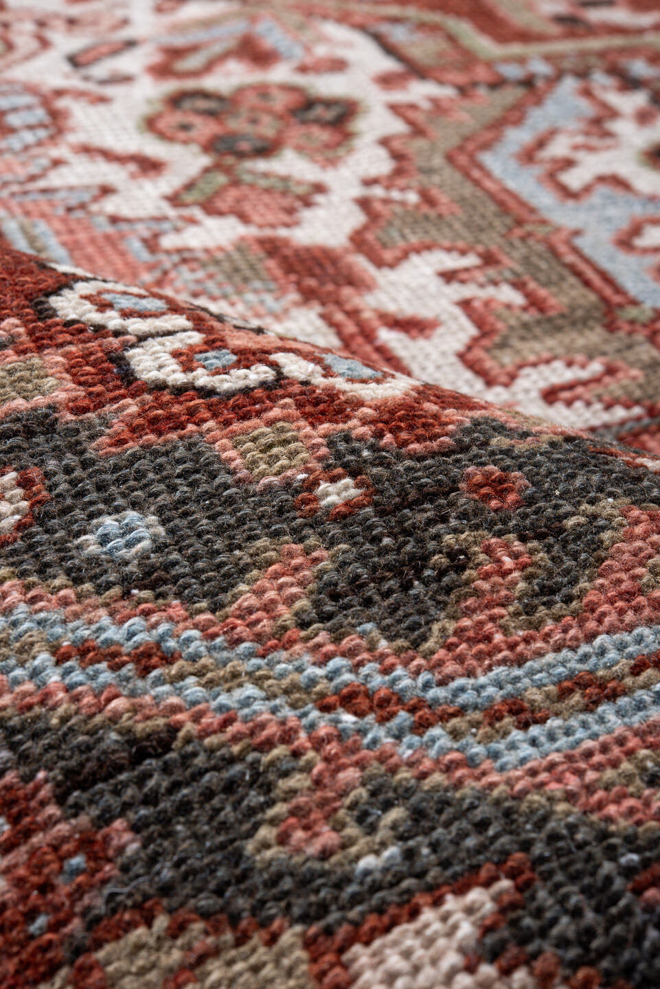 9' x 12' one-of-a-kind handmade vintage Heriz large size rug. Color palette: rust, charcoal, ivory, rose, sky blue, sage