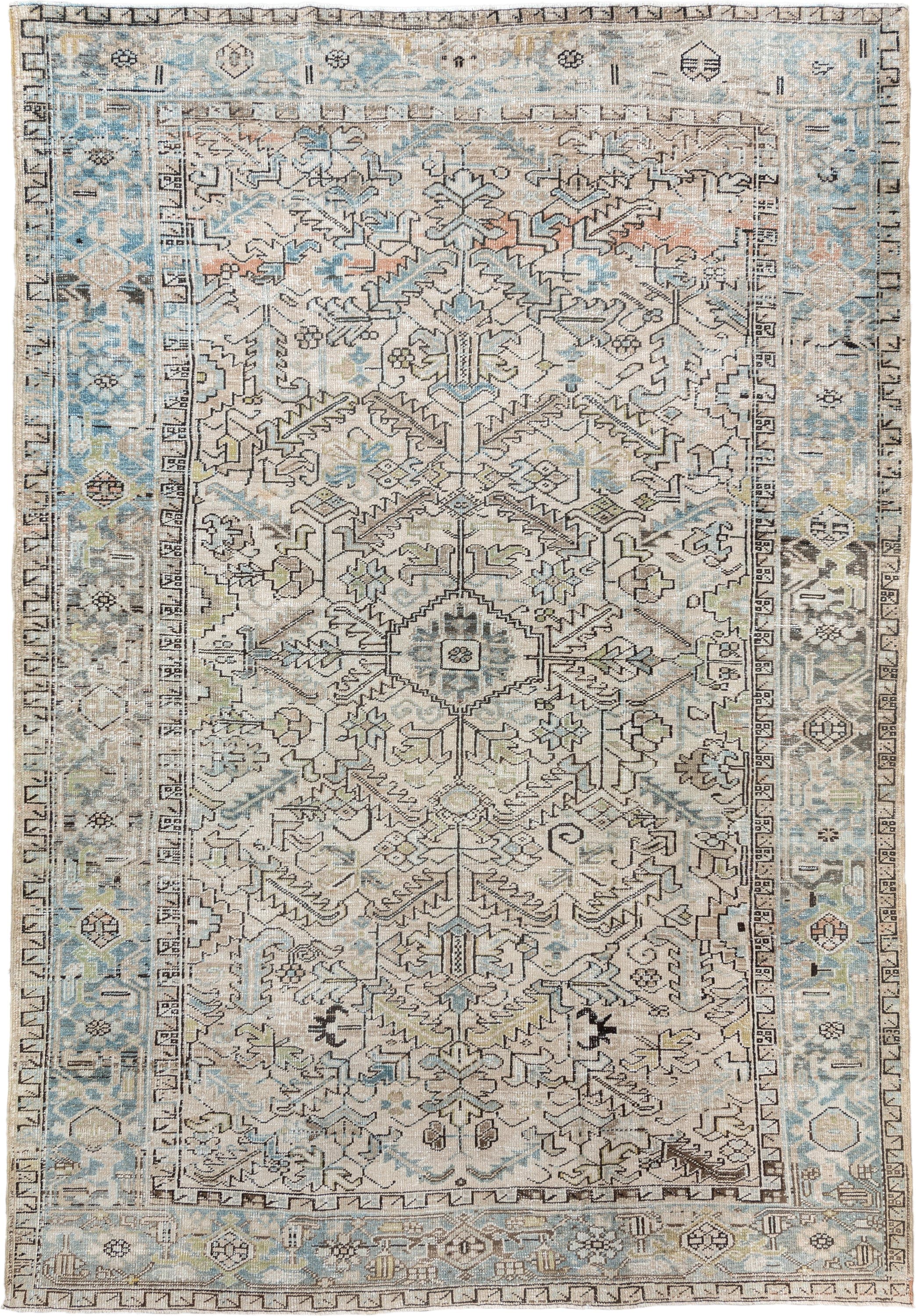 7' x 10' one-of-a-kind handmade vintage Heriz large size rug. Color palette: ivory, sky blue, taupe, charcoal, blush