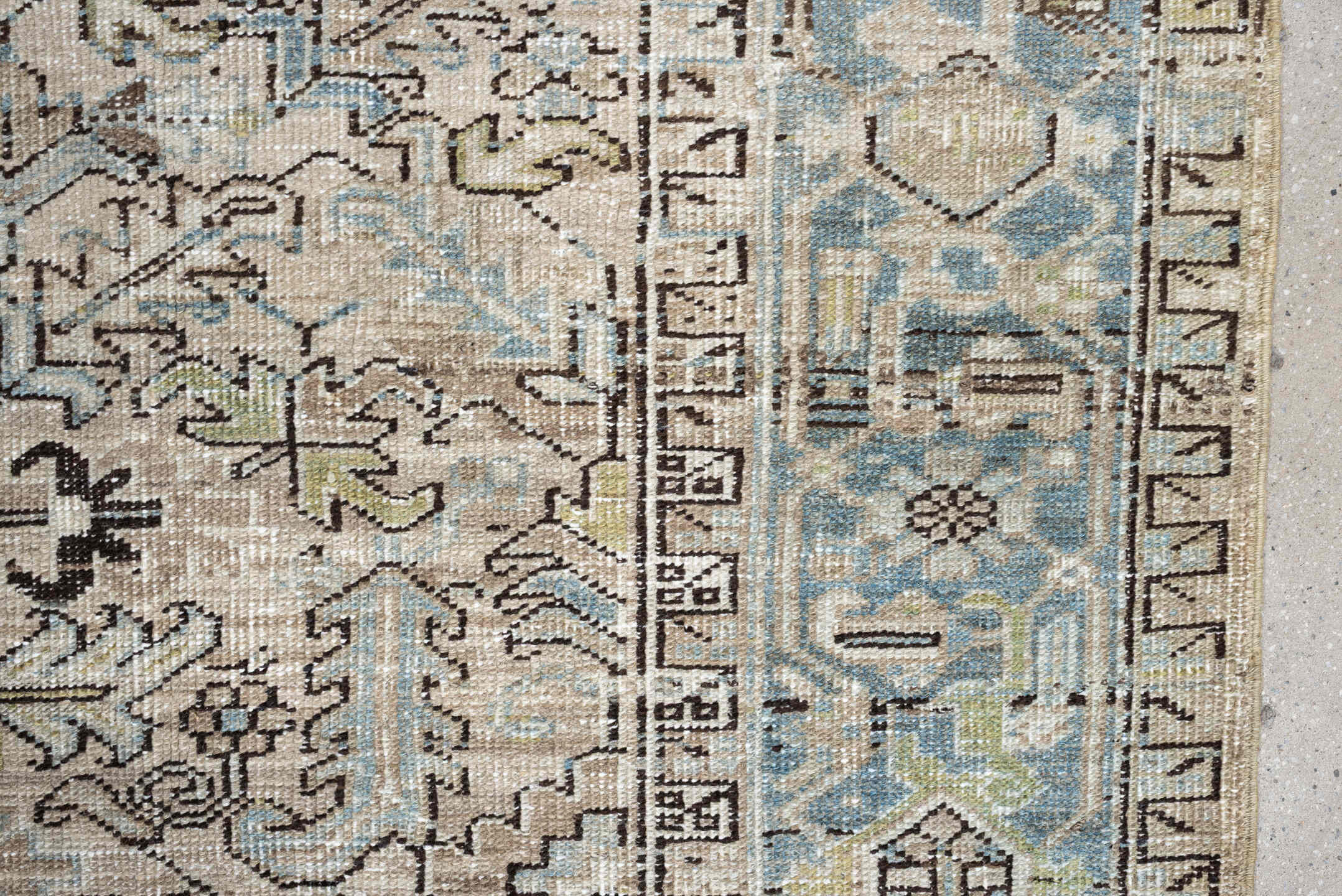 7' x 10' one-of-a-kind handmade vintage Heriz large size rug. Color palette: ivory, sky blue, taupe, charcoal, blush
