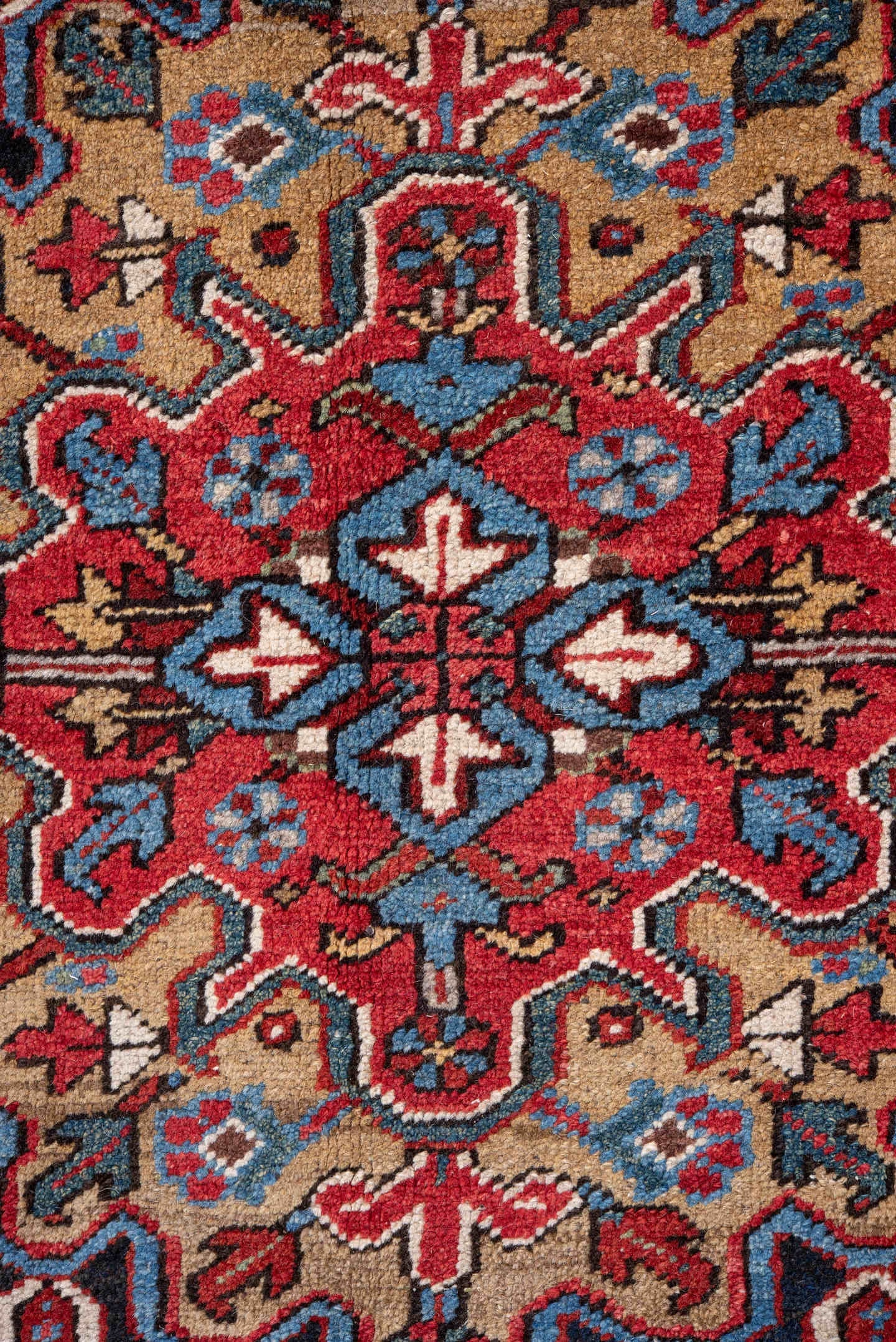 7' x 10' one-of-a-kind handmade vintage Heriz large size rug. Color palette: rust, navy, ivory, sky blue, camel, crimson