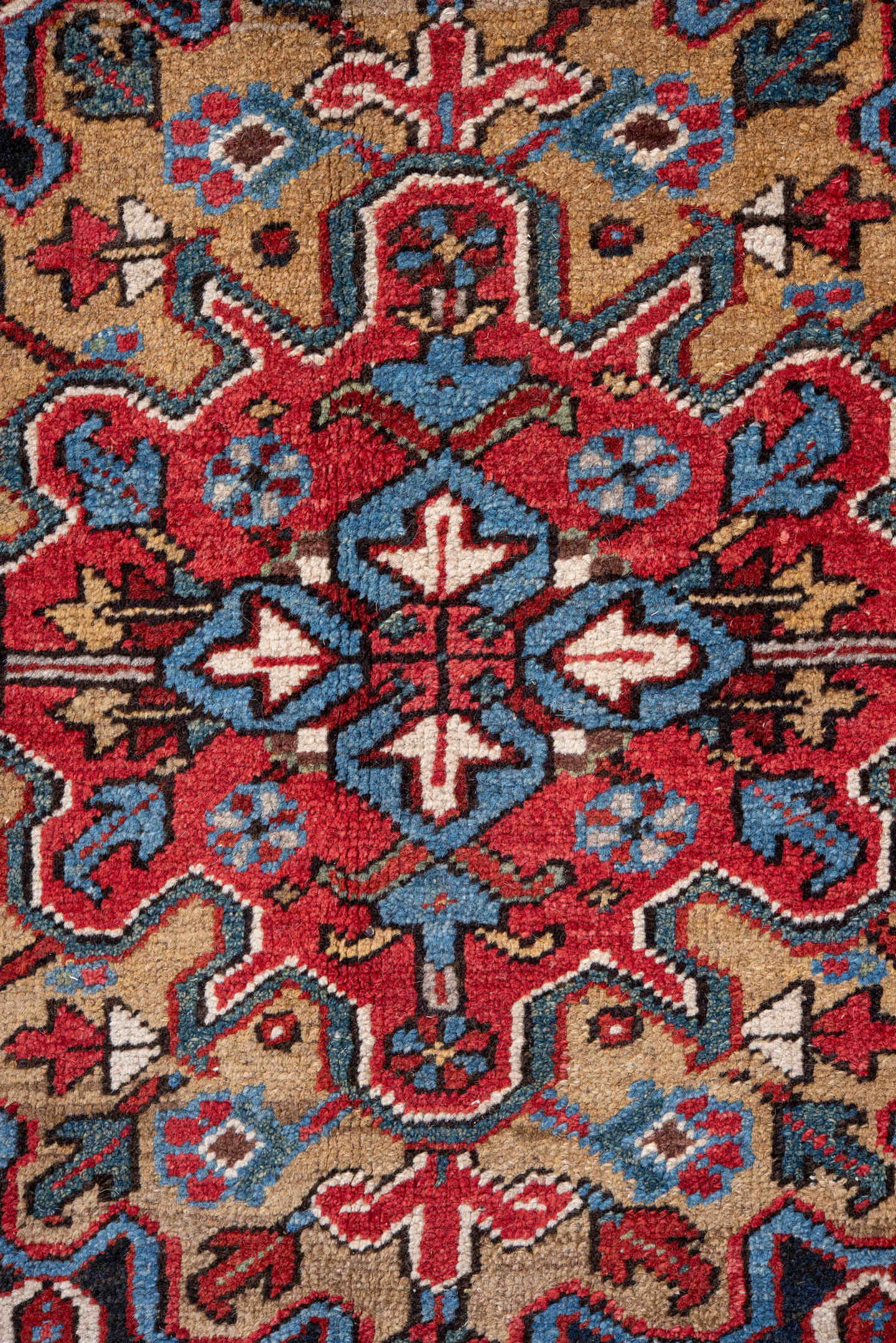 7' x 10' one-of-a-kind handmade vintage Heriz large size rug. Color palette: rust, navy, ivory, sky blue, camel, crimson