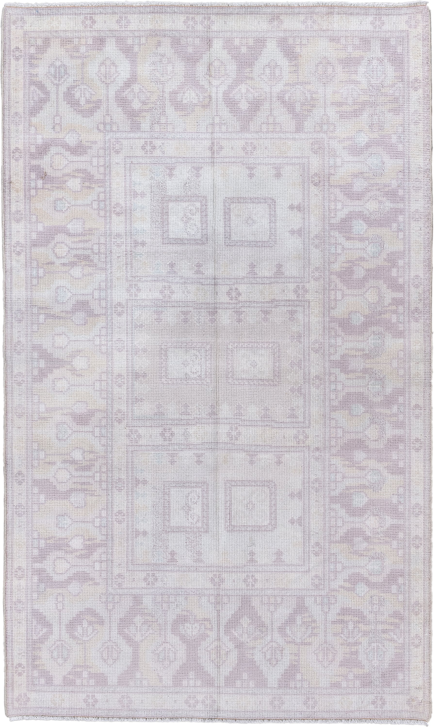 3' x 6' one-of-a-kind handmade vintage European small size rug. Color palette: ivory, blush, pale taupe, cream, dusty rose