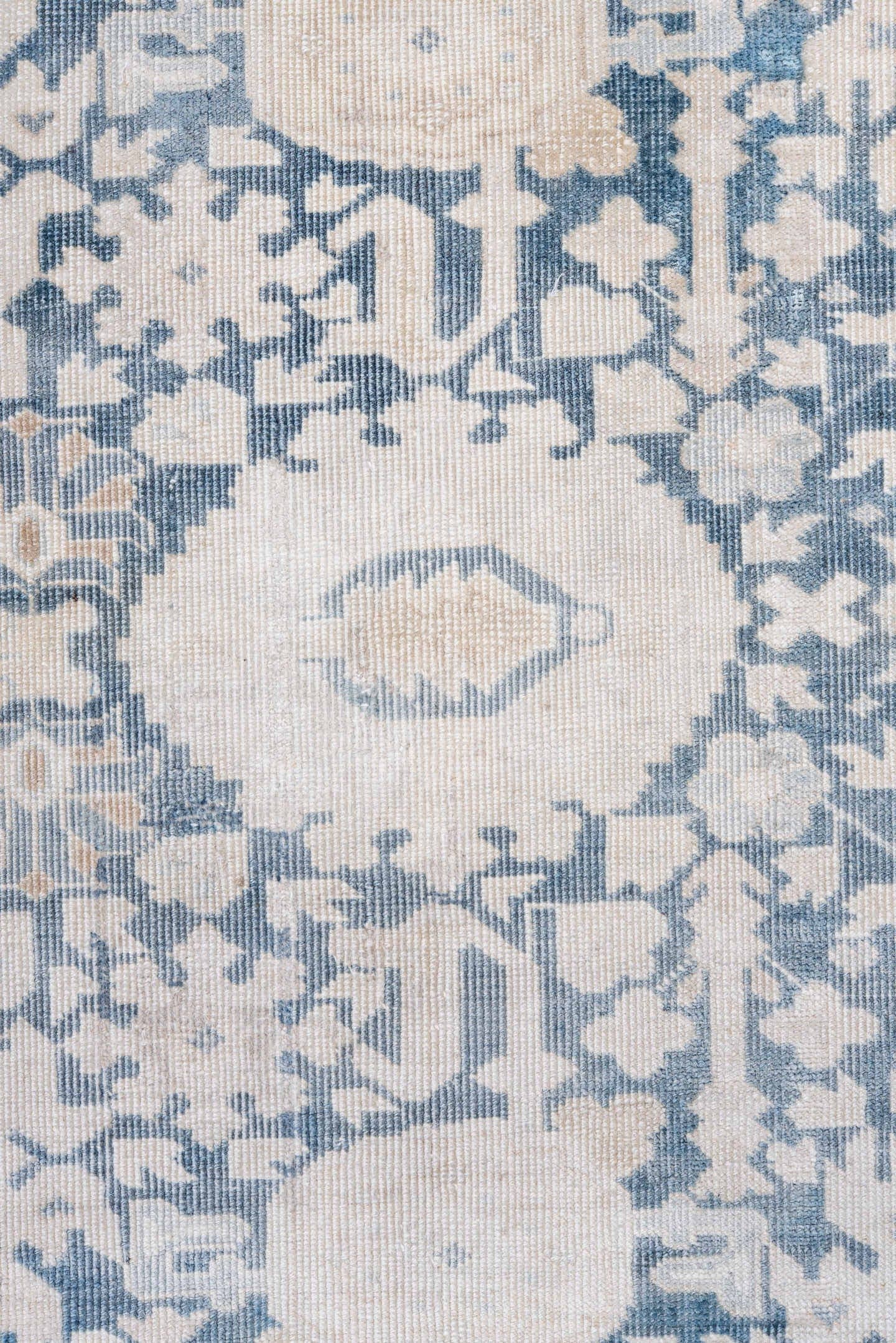 2' x 3' one-of-a-kind handmade antique Sivas small size rug. Color palette: ivory, pale blue, beige, taupe, camel