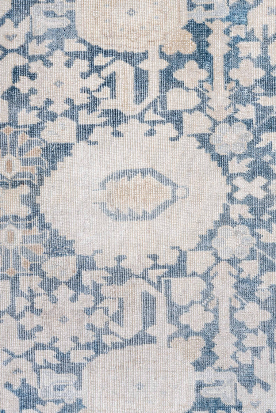 2' x 3' one-of-a-kind handmade antique Sivas small size rug. Color palette: ivory, pale blue, beige, taupe, camel