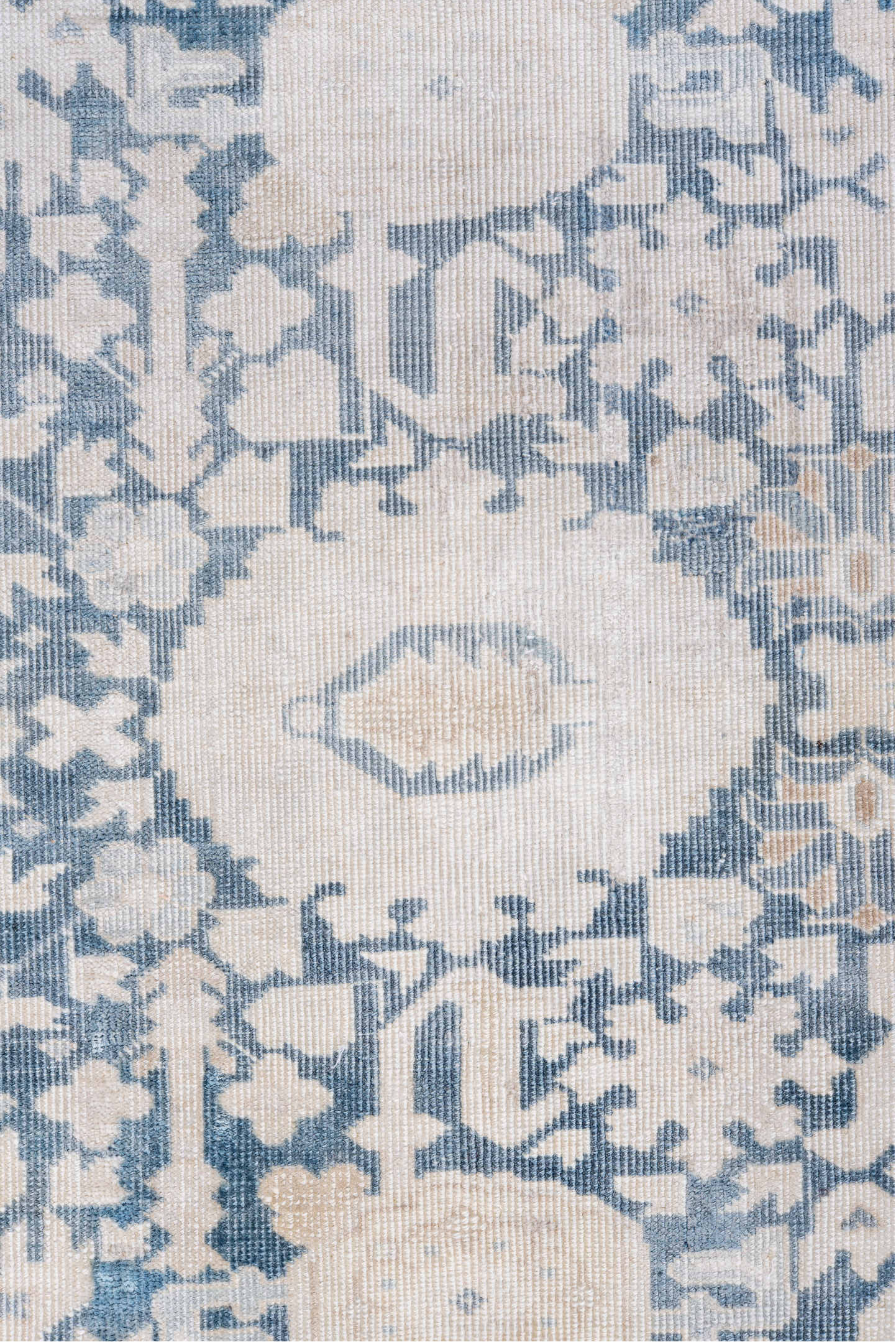 2' x 3' one-of-a-kind handmade antique Sivas small size rug. Color palette: ivory, pale blue, beige, taupe, camel