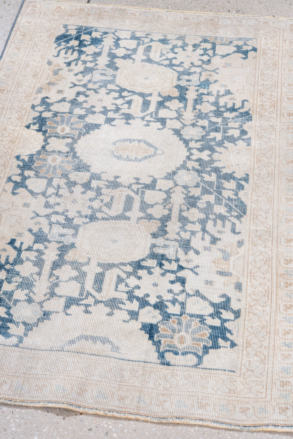 2' x 3' one-of-a-kind handmade antique Sivas small size rug. Color palette: ivory, pale blue, beige, taupe, camel