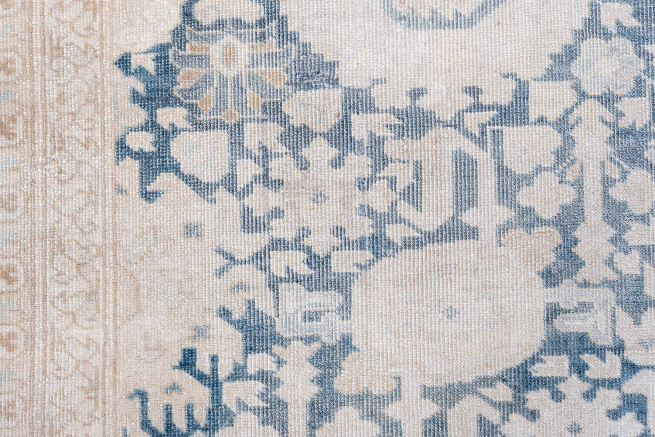2' x 3' one-of-a-kind handmade antique Sivas small size rug. Color palette: ivory, pale blue, beige, taupe, camel