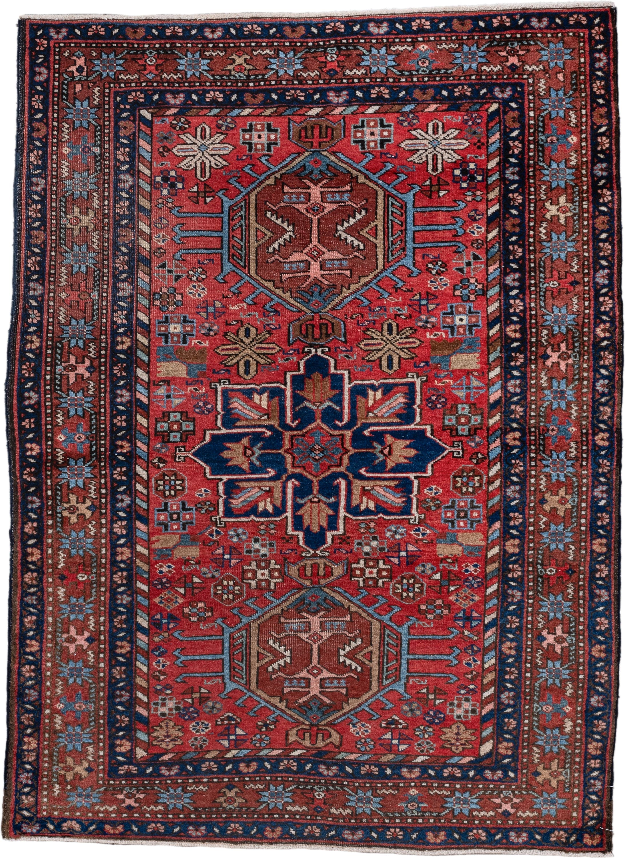 3' x 4' one-of-a-kind handmade vintage Heriz small size rug. Color palette: rust, navy, sky_blue, camel, ivory, rose, brown