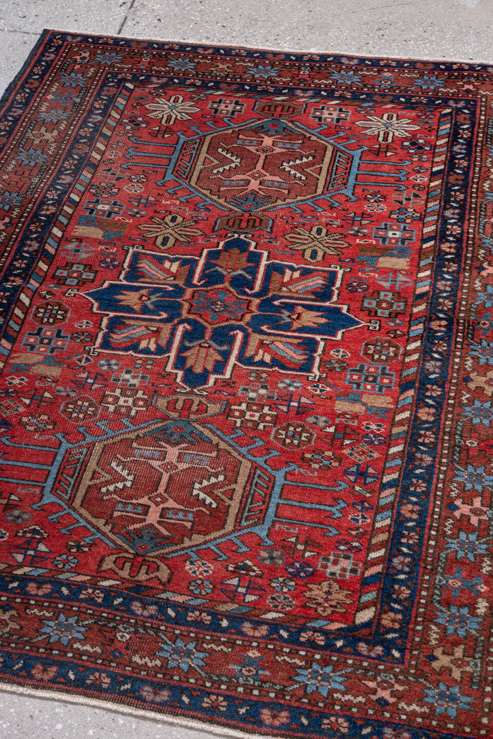 3' x 4' one-of-a-kind handmade vintage Heriz small size rug. Color palette: rust, navy, sky_blue, camel, ivory, rose, brown