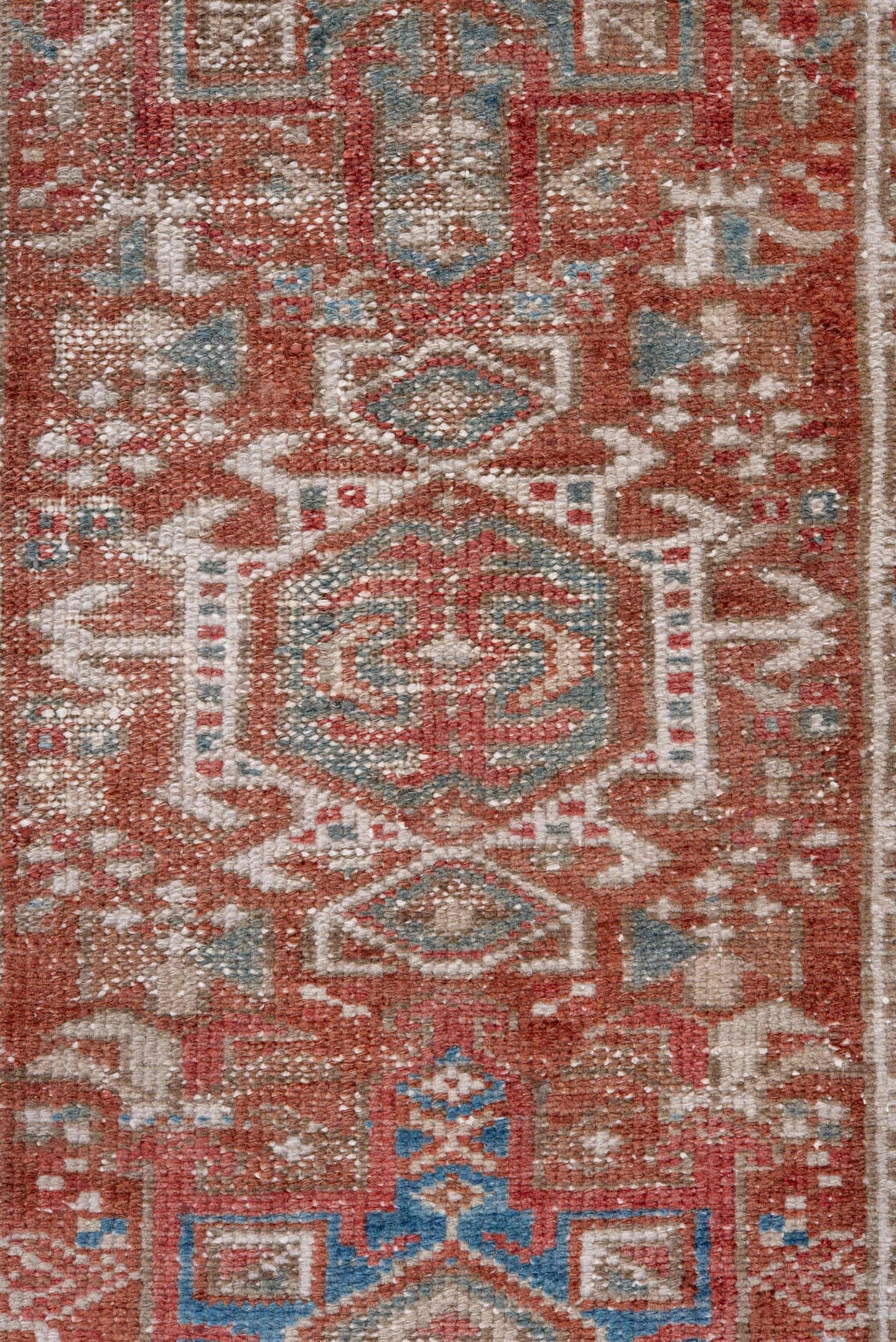 2' x 3' one-of-a-kind handmade antique Karaje small size rug. Color palette: rust, ivory, sky blue, taupe, brown, terracotta