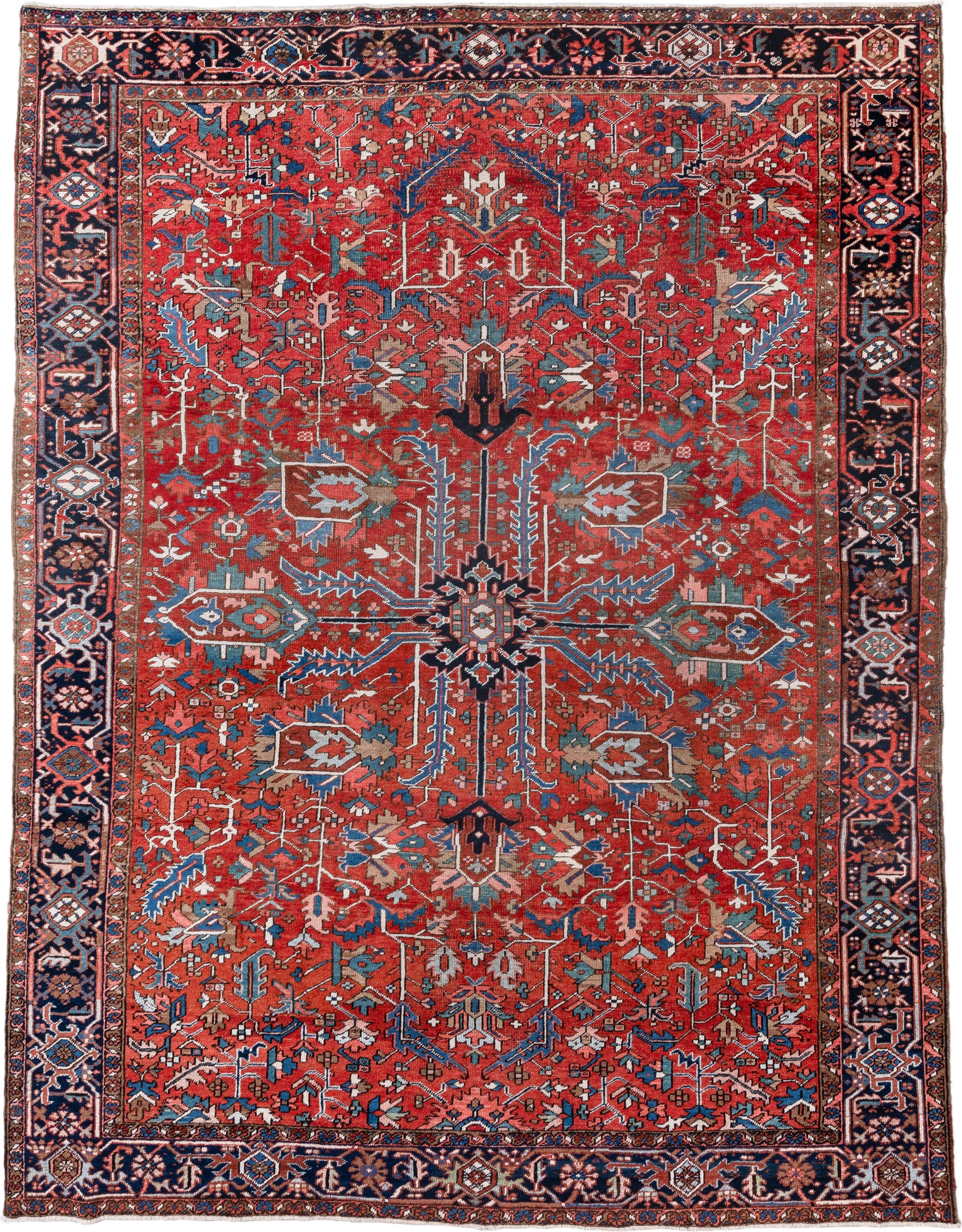 8' x 11' one-of-a-kind handmade vintage Heriz large size rug. Color palette: rust, navy, sky_blue, ivory, taupe, rose, slate