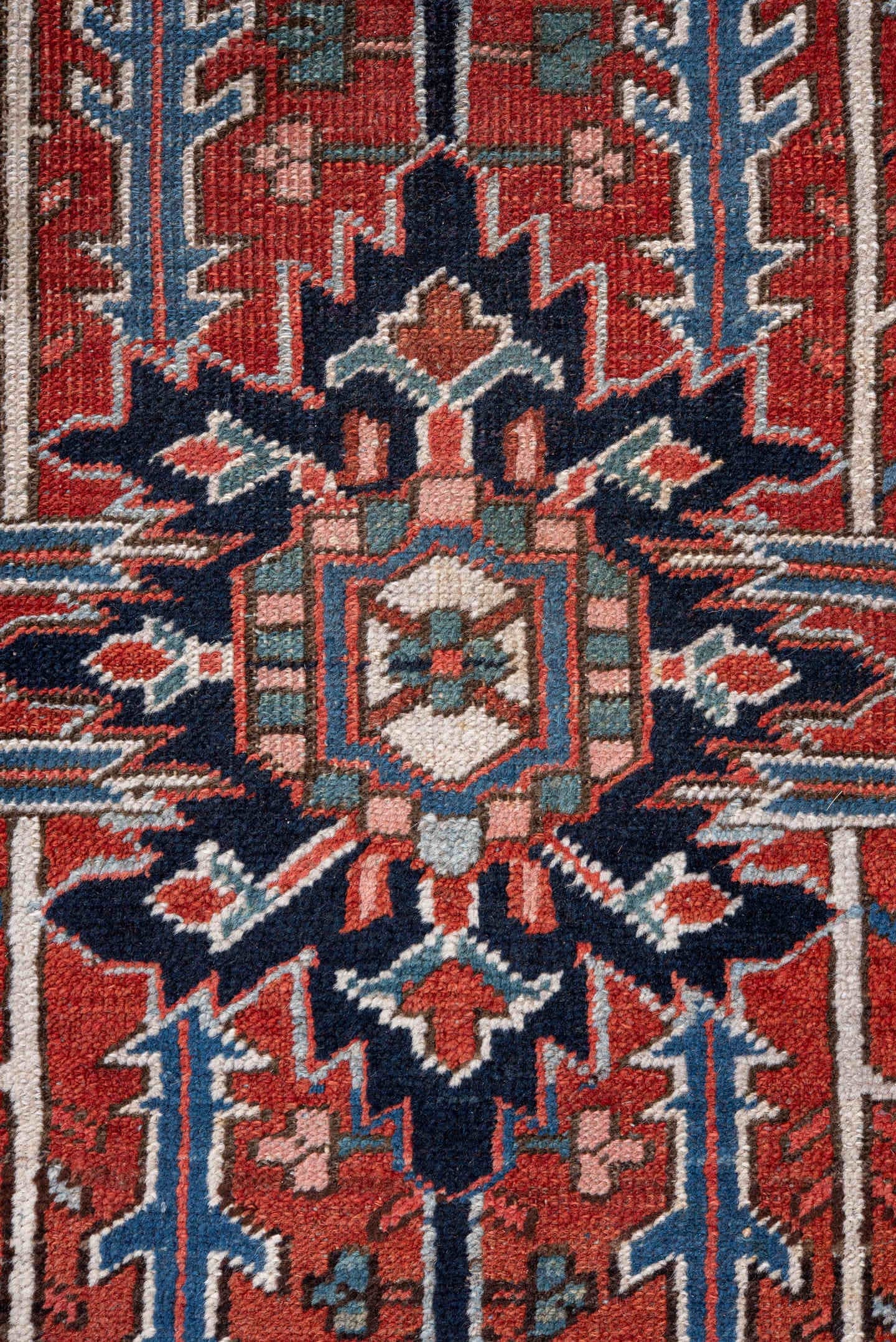8' x 11' one-of-a-kind handmade vintage Heriz large size rug. Color palette: rust, navy, sky_blue, ivory, taupe, rose, slate