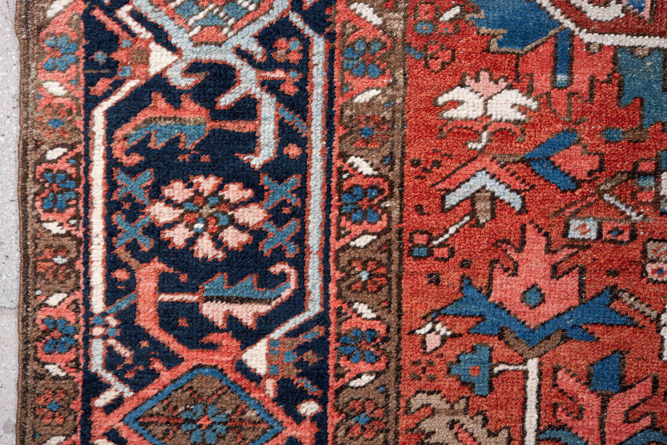 8' x 11' one-of-a-kind handmade vintage Heriz large size rug. Color palette: rust, navy, sky_blue, ivory, taupe, rose, slate