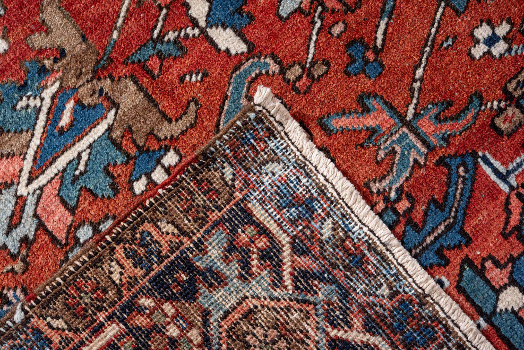 8' x 11' one-of-a-kind handmade vintage Heriz large size rug. Color palette: rust, navy, sky_blue, ivory, taupe, rose, slate