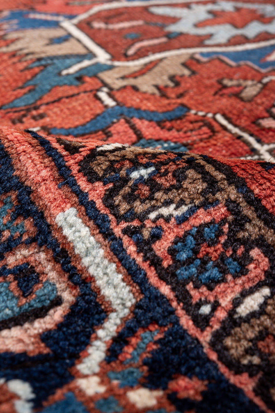 8' x 11' one-of-a-kind handmade vintage Heriz large size rug. Color palette: rust, navy, sky_blue, ivory, taupe, rose, slate