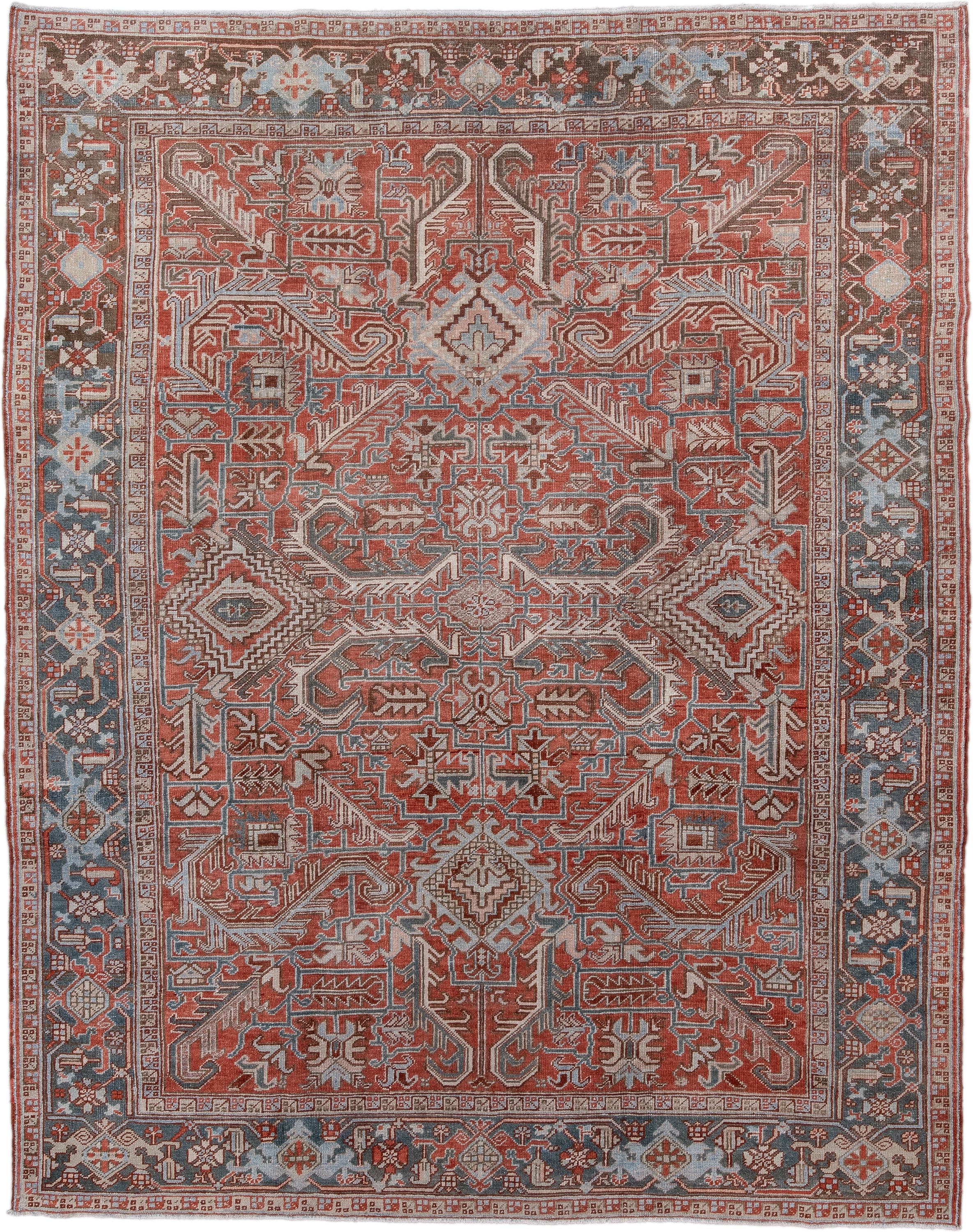 7' x 9' one-of-a-kind handmade antique Heriz rug. Color palette: rust, powder_blue, ivory, brown, slate, terracotta