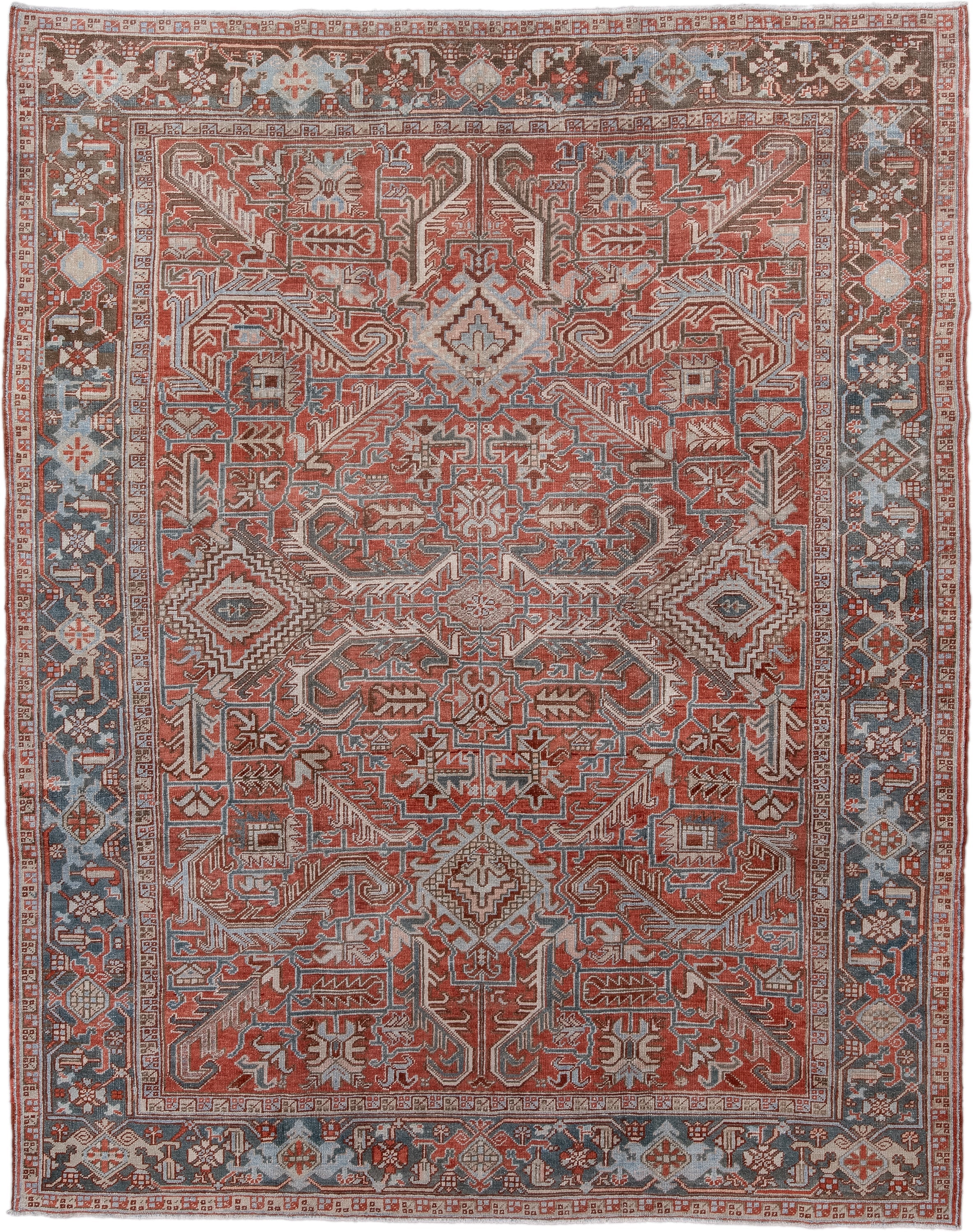 7' x 9' one-of-a-kind handmade antique Heriz rug. Color palette: rust, powder_blue, ivory, brown, slate, terracotta