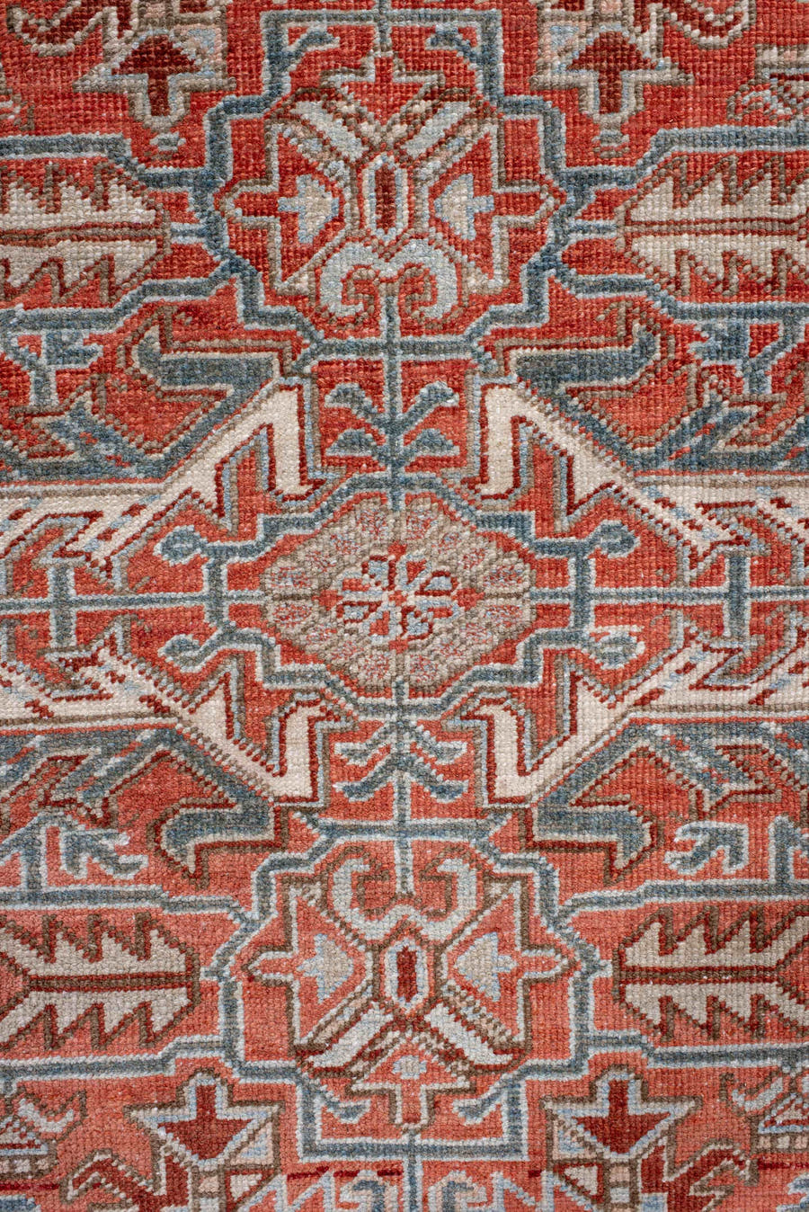 7' x 9' one-of-a-kind handmade antique Heriz rug. Color palette: rust, powder_blue, ivory, brown, slate, terracotta