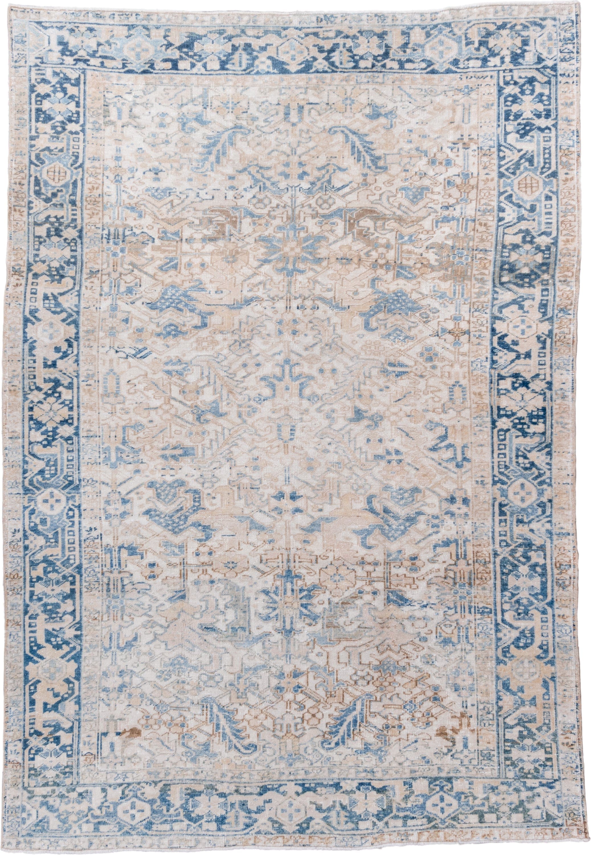7' x 10' one-of-a-kind handmade vintage Heriz large size rug. Color palette: ivory, sky blue, beige, taupe, camel