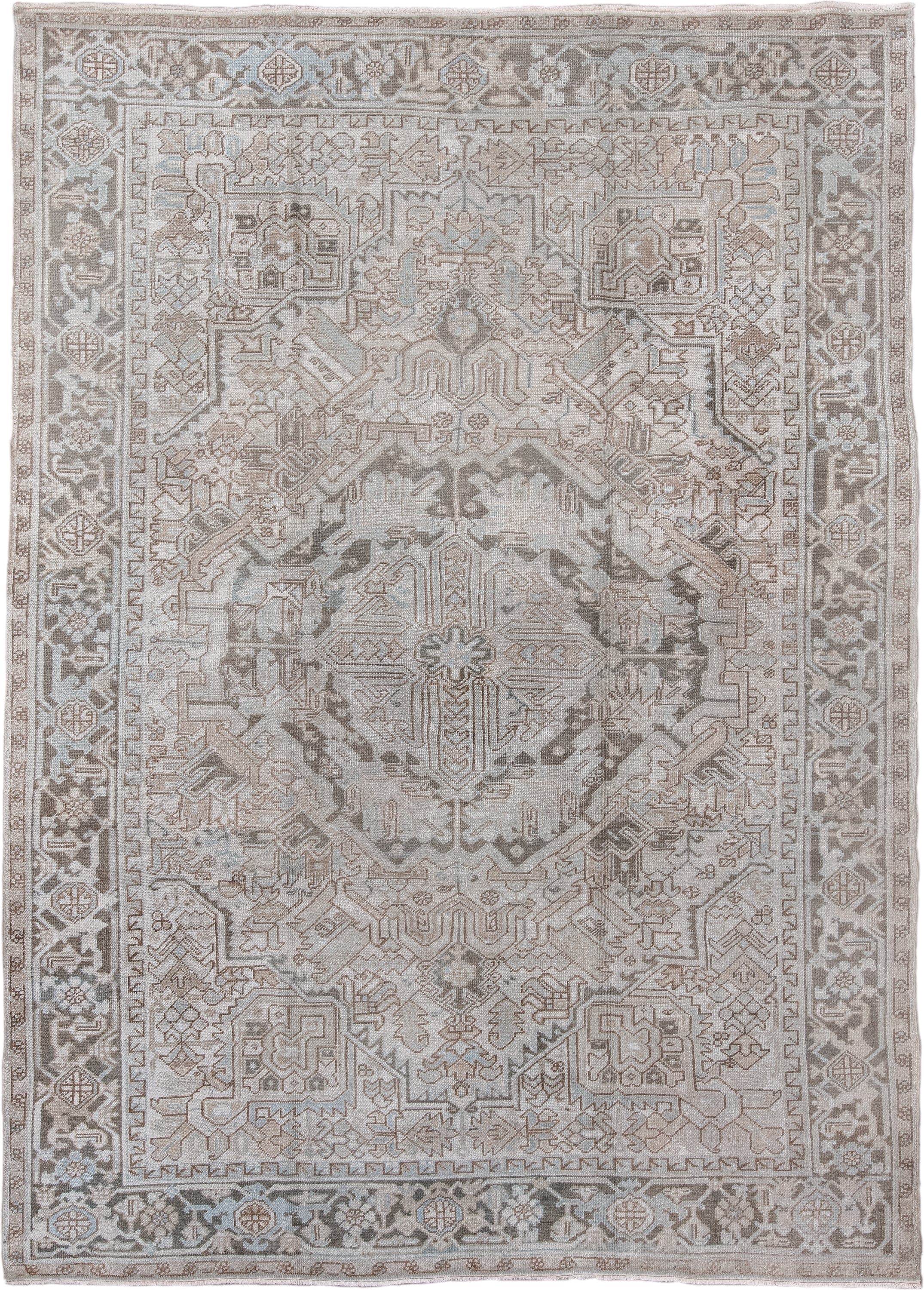 8' x 11' one-of-a-kind handmade antique Heriz large size rug. Color palette: ivory, taupe, gray, pale blue, beige, camel