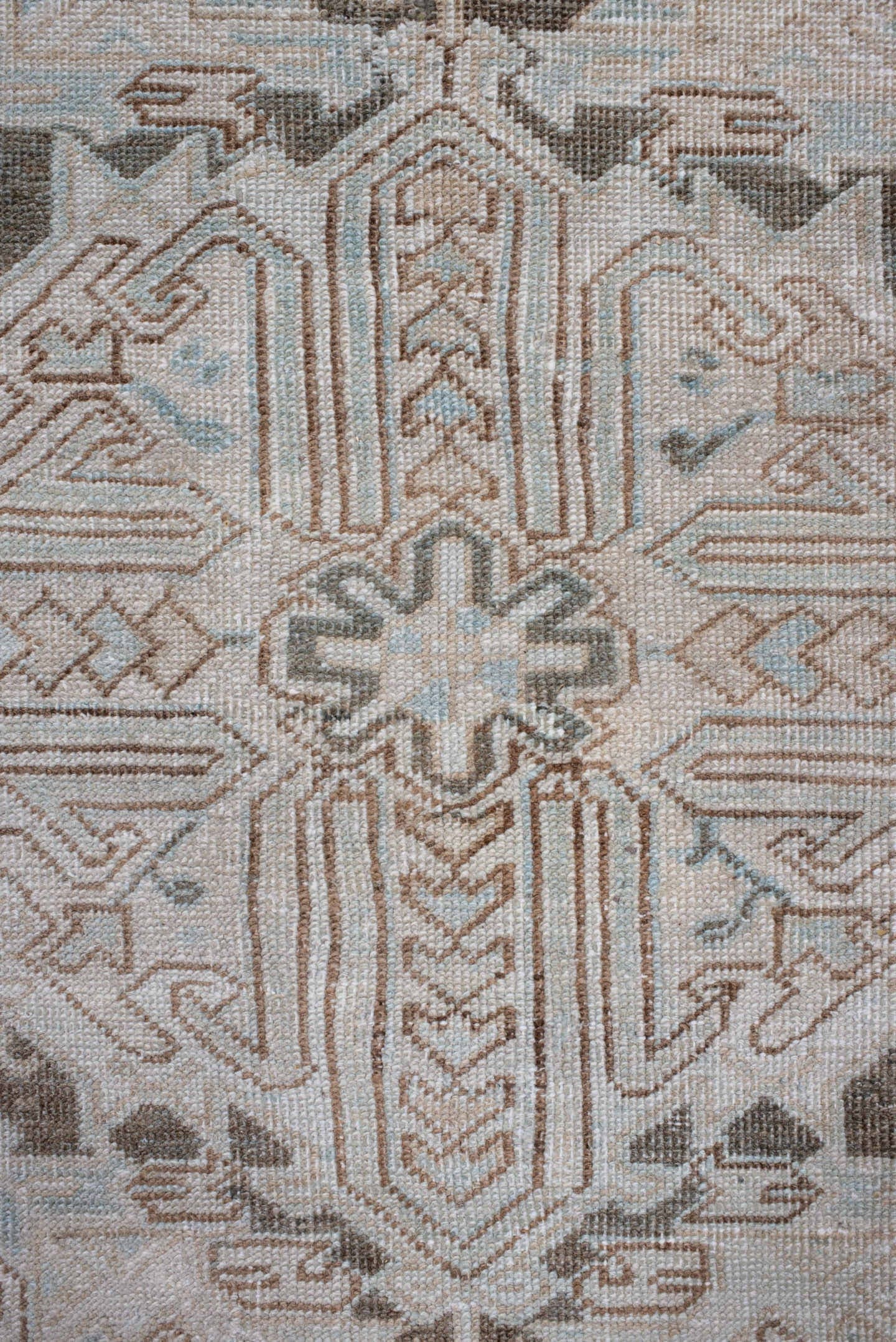 8' x 11' one-of-a-kind handmade antique Heriz large size rug. Color palette: ivory, taupe, gray, pale blue, beige, camel