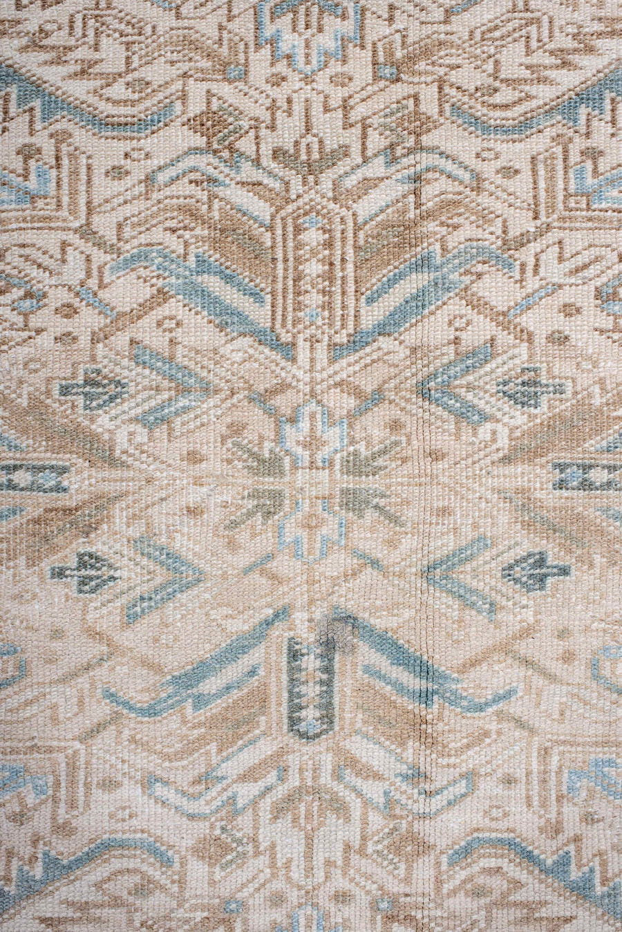 7' x 8' one-of-a-kind handmade antique Heriz rug. Color palette: ivory, camel, pale blue, taupe, beige, light brown