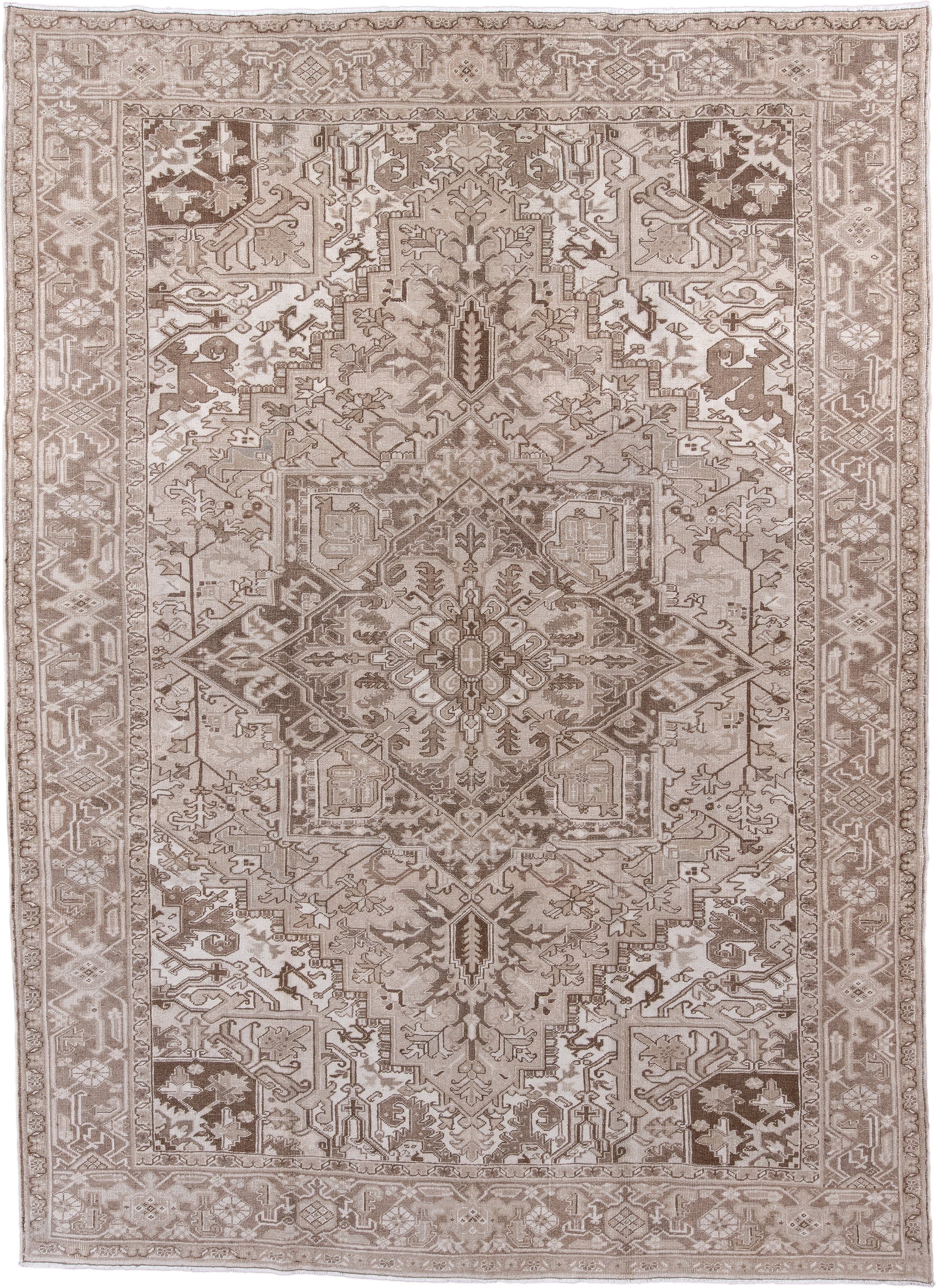 8' x 11' one-of-a-kind handmade antique Heriz large size rug. Color palette: taupe, ivory, beige, brown, camel, cream, gray