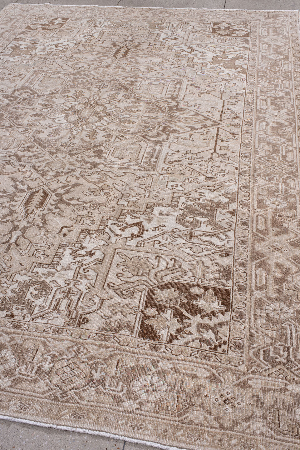 8' x 11' one-of-a-kind handmade antique Heriz large size rug. Color palette: taupe, ivory, beige, brown, camel, cream, gray