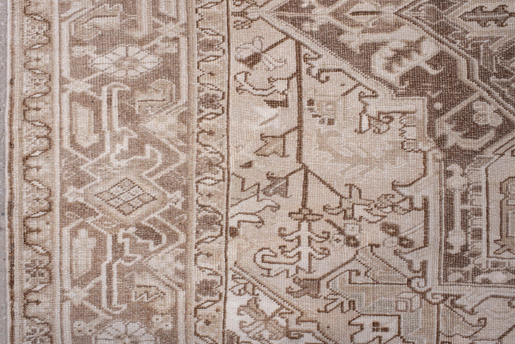 8' x 11' one-of-a-kind handmade antique Heriz large size rug. Color palette: taupe, ivory, beige, brown, camel, cream, gray