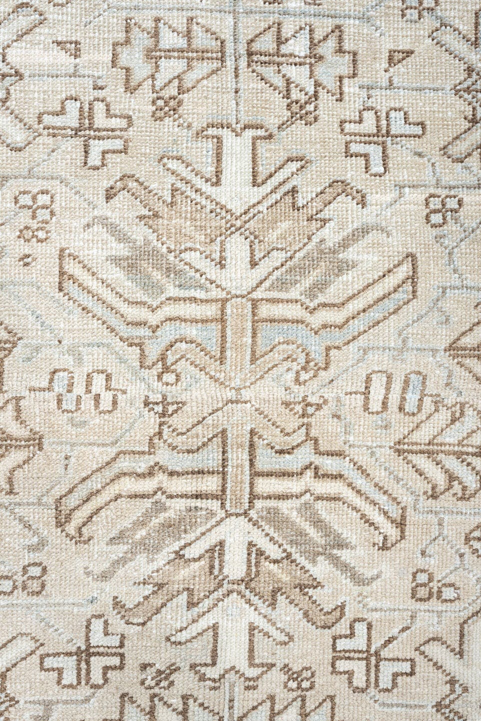 7' x 8' one-of-a-kind handmade vintage Heriz rug. Color palette: ivory, pale blue, taupe, beige, light gray, camel