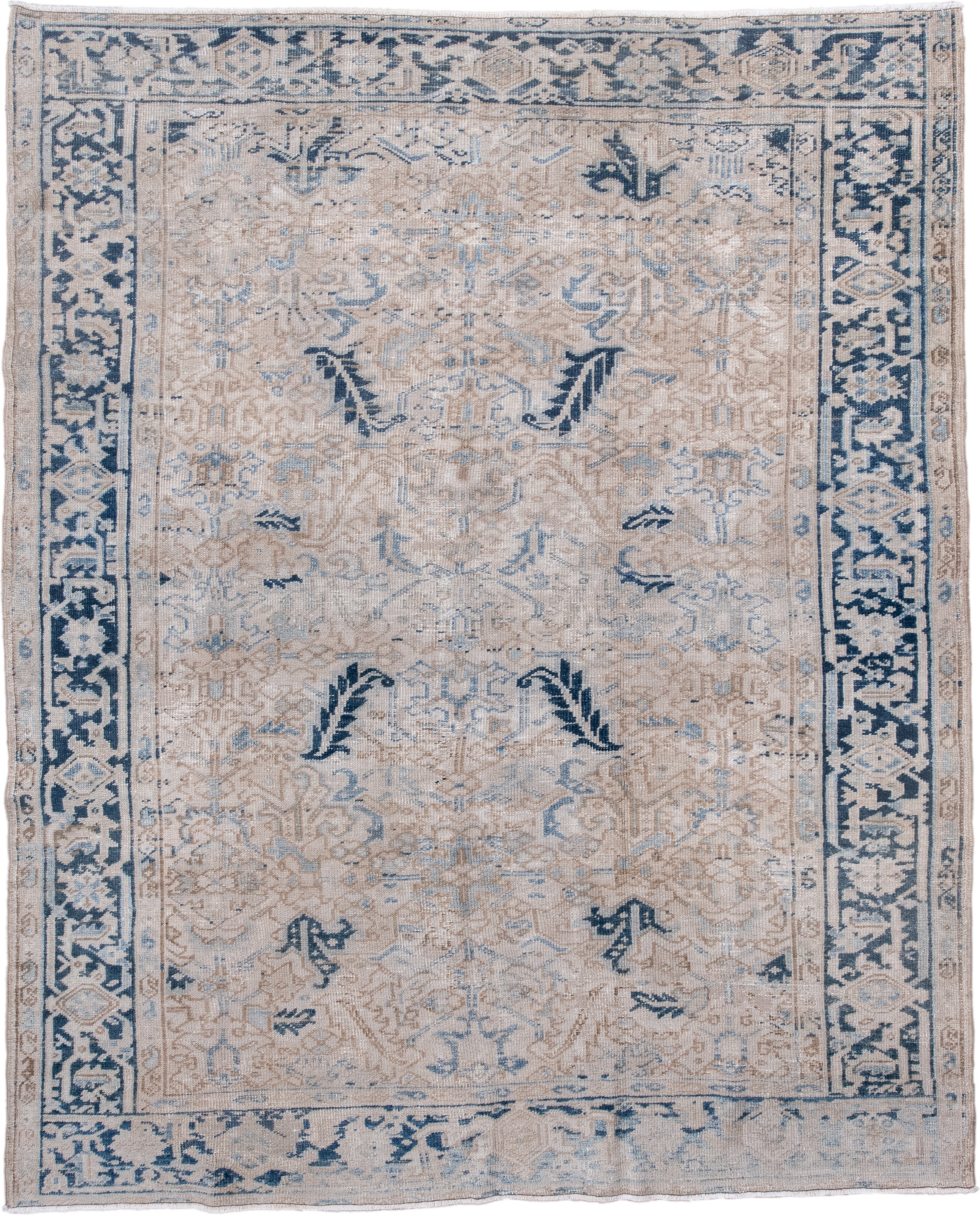 7' x 8' one-of-a-kind handmade vintage Heriz rug. Color palette: ivory, blue, taupe, navy, beige, cream, gray